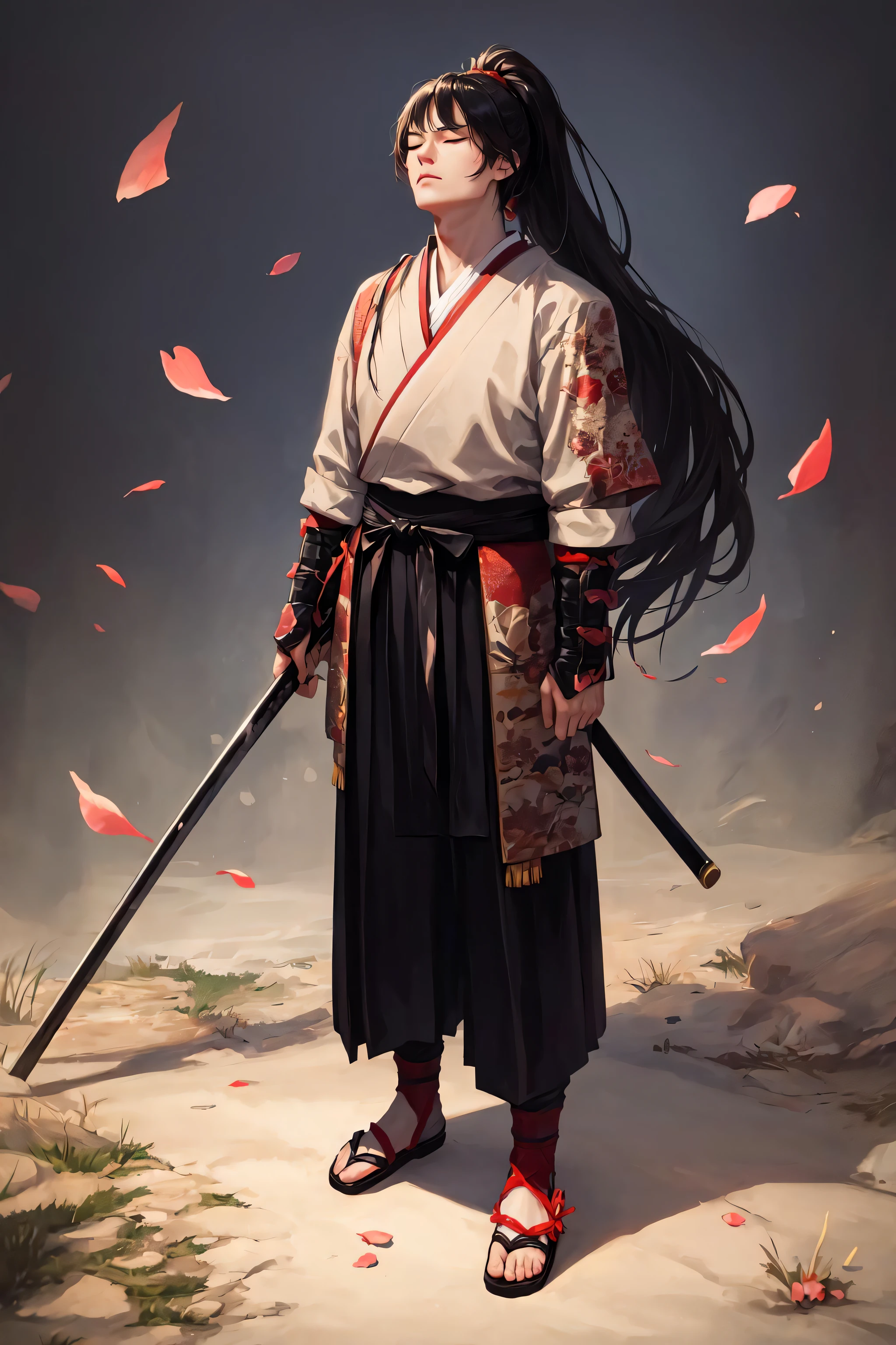 masterpiece, high quality, best quality, beautiful, hd, realistic, perfect lighting, detailed face, detailed body, (1 man), black long hair, (ponytail), (red samurai clothes), samurai, standing, closed eyes, wind, (sakura),sakura petals, (brutal), courageous, full body