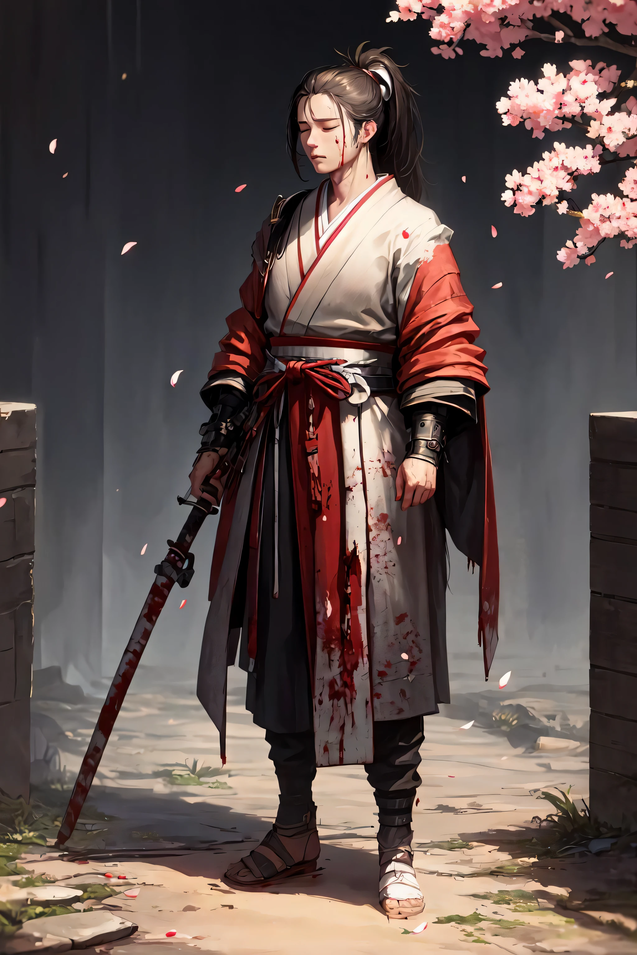 masterpiece, high quality, best quality, beautiful, hd, realistic, perfect lighting, detailed face, detailed body, (1 man), black long hair, (ponytail), (red samurai clothes), samurai, standing, closed eyes, wind, (sakura),sakura petals, (brutal), courageous, full body, ((blood)),