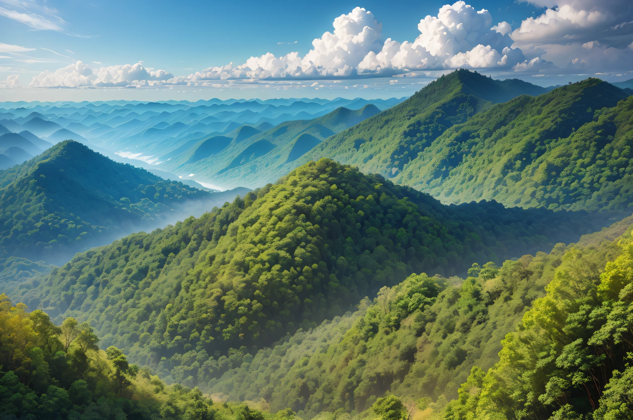 Amazing wild nature view of layer of mountain forest landscape with cloudy sky. Natural green scenery of cloud and mountain slopes background. Maehongson,Thailand. Panorama view --auto --s2