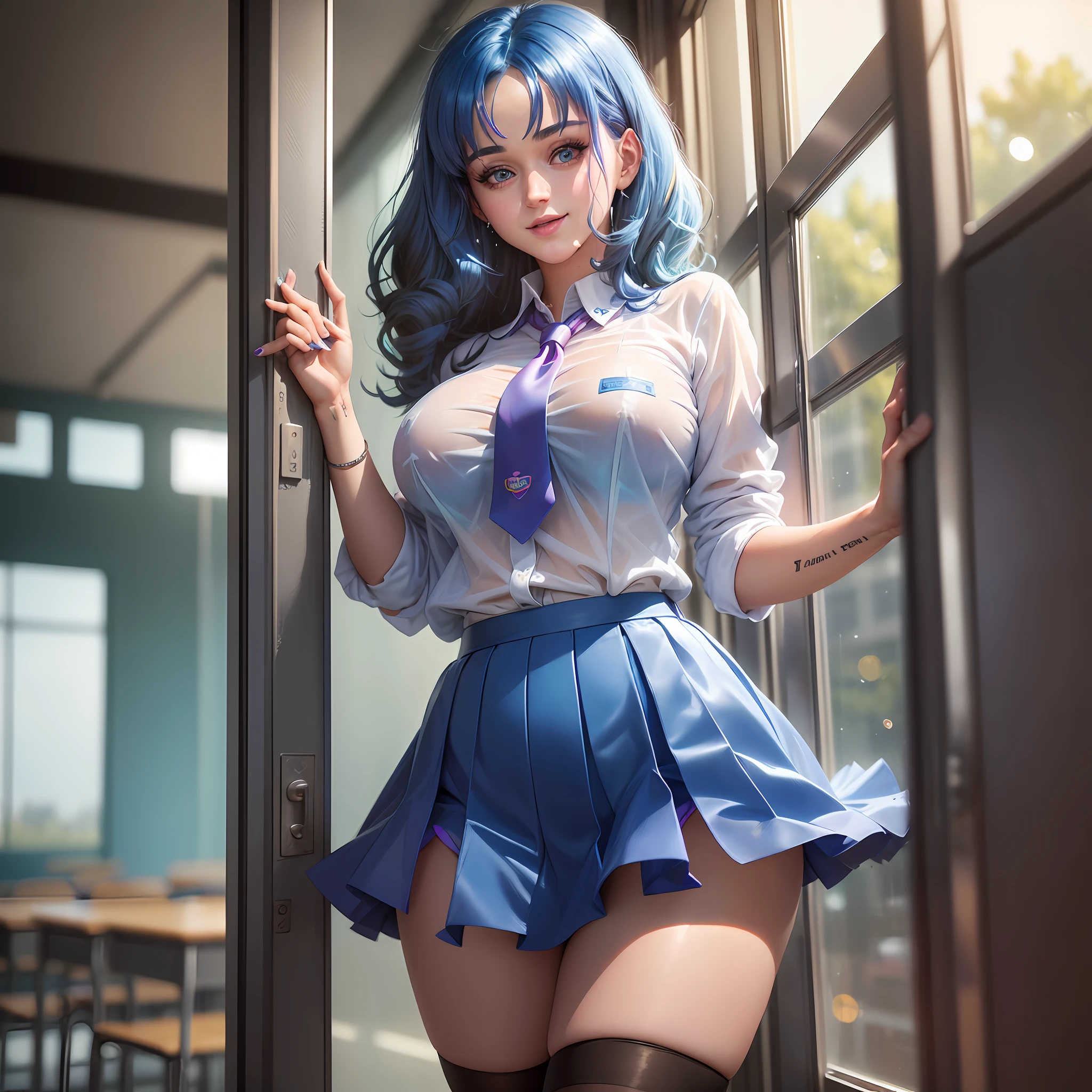 AGMM, 1girl, (Katy Perry, blue hair, Colored_Skin:1.2), wearing wet see-through school uniform, large breasts, reveal, covered, skirt, thighhighs. inside building, classroom, sunbeams, bokeh, sparkles, evening, smile, sexy smile, --auto --s2