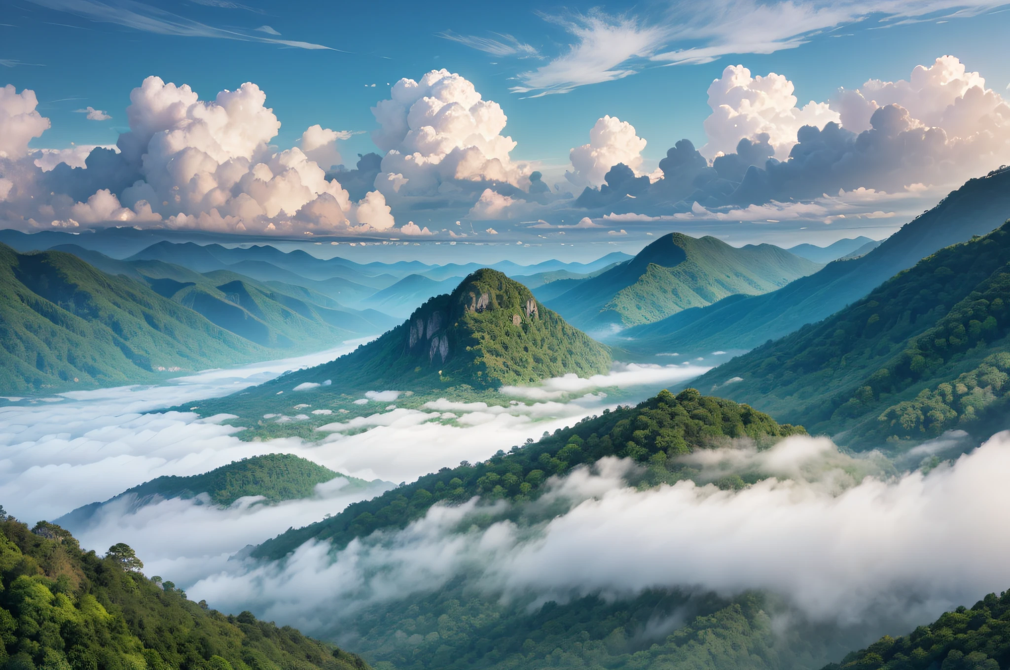 Amazing wild nature view of layer of mountain forest landscape with cloudy sky. Natural green scenery of cloud and mountain slopes background. Maehongson,Thailand. Panorama view --auto --s2