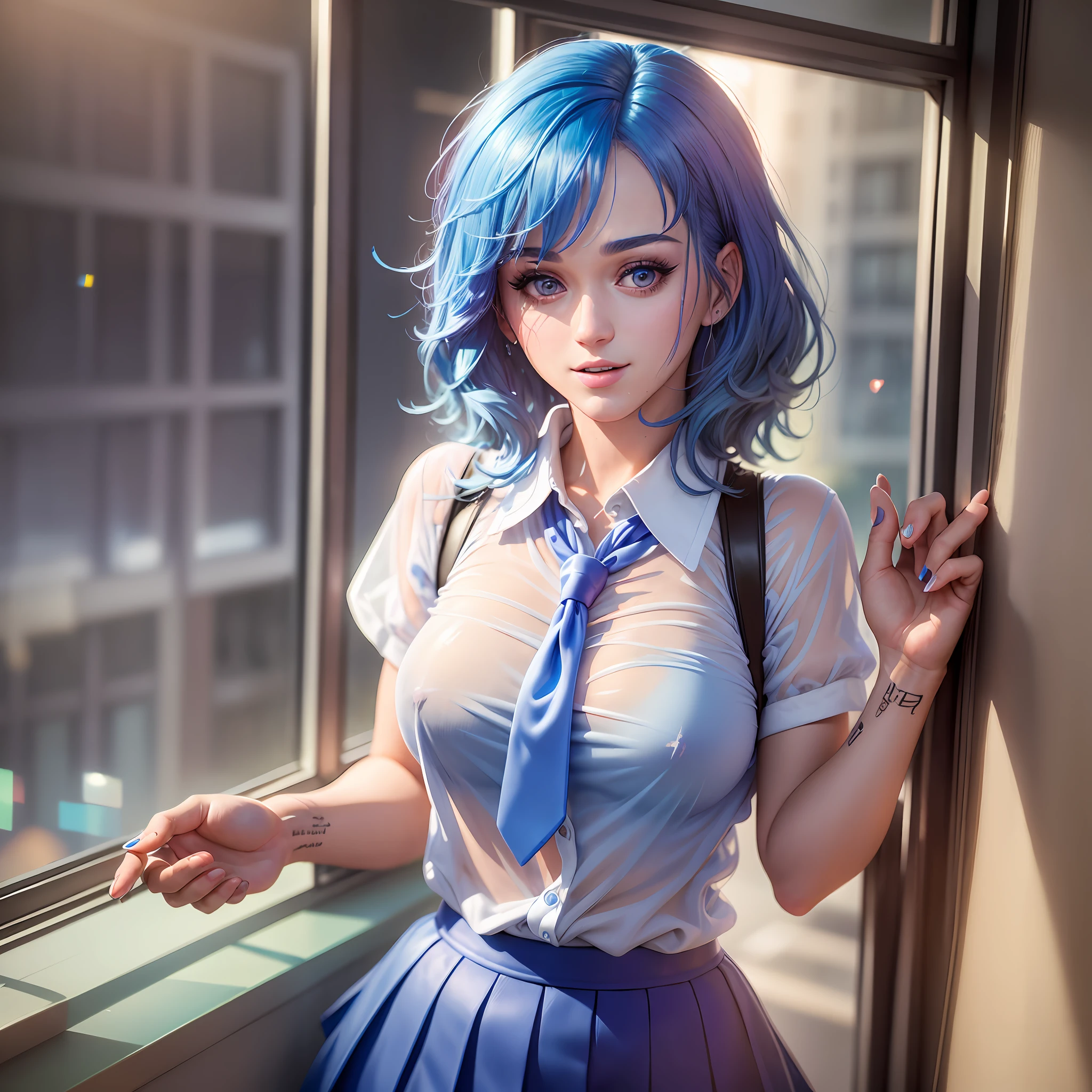 AGMM, 1girl, (Katy Perry, blue hair, Colored_Skin:1.2), wearing wet see-through school uniform, large breasts, reveal, covered, skirt, thighhighs. inside building, classroom, sunbeams, bokeh, sparkles, evening, smile, sexy smile, --auto --s2