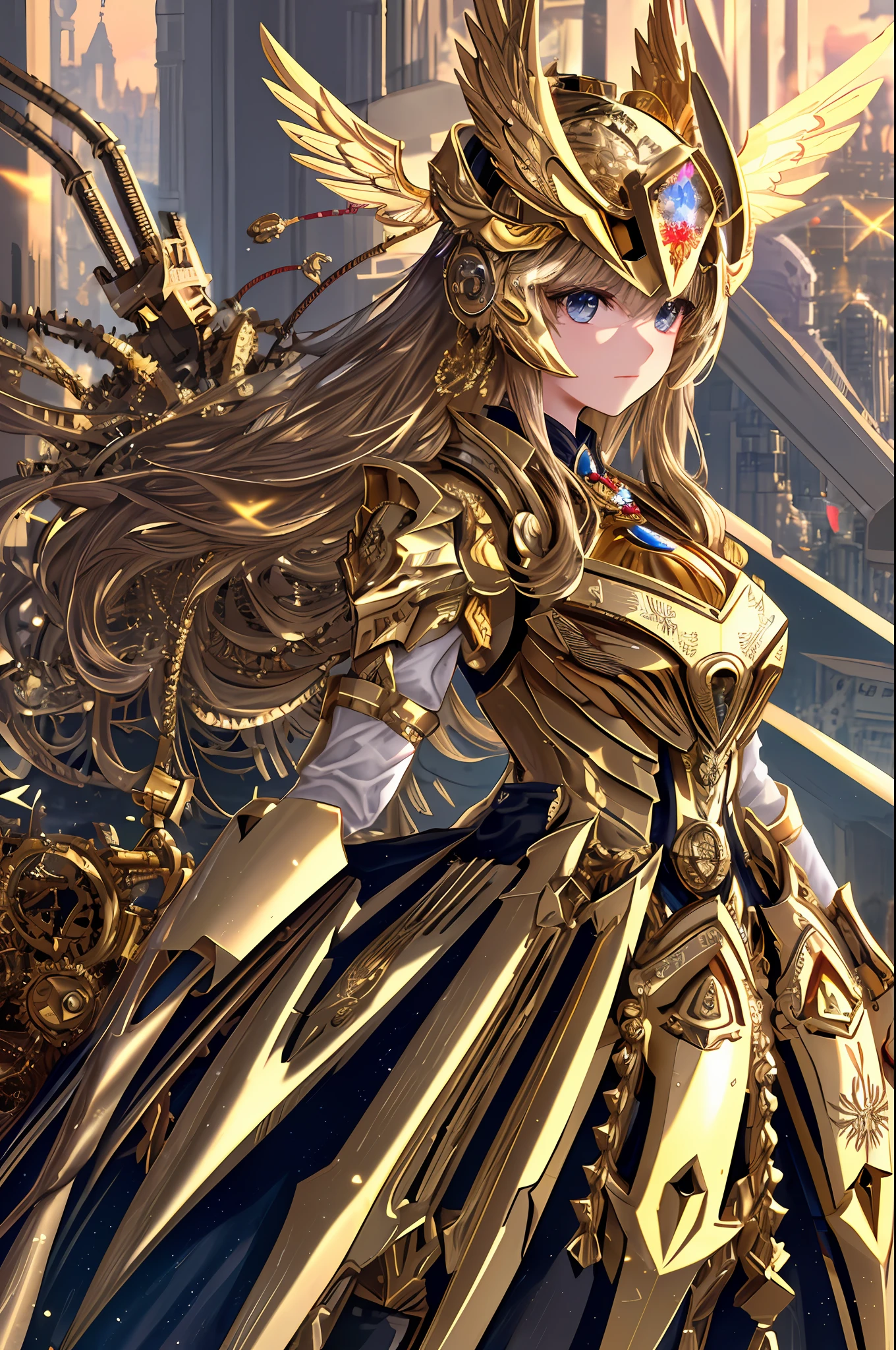 Top quality, masterpiece, detailed beautiful details, highly detailed 8k wallpaper, transcendent beautiful girl, mechanical angel, helmet that hides eyes, helmet, mechanical body, machine wings, body made of gears and cables, majestic sight, tin cane of gold and jewels,