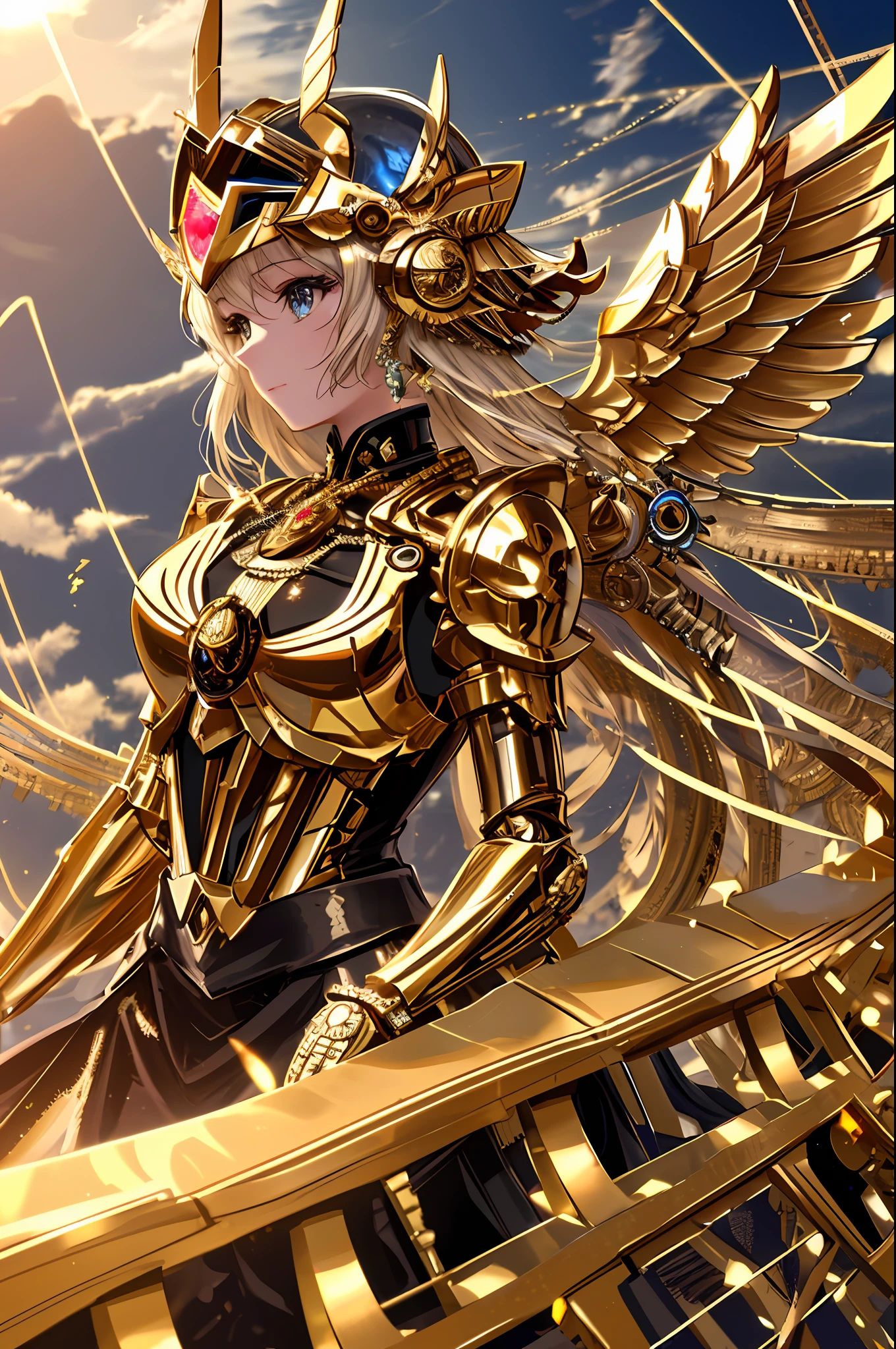 Top quality, masterpiece, detailed beautiful details, highly detailed 8k wallpaper, transcendent beautiful girl, mechanical angel, helmet that hides eyes, helmet, mechanical body, machine wings, body made of gears and cables, majestic sight, tin cane of gold and jewels,