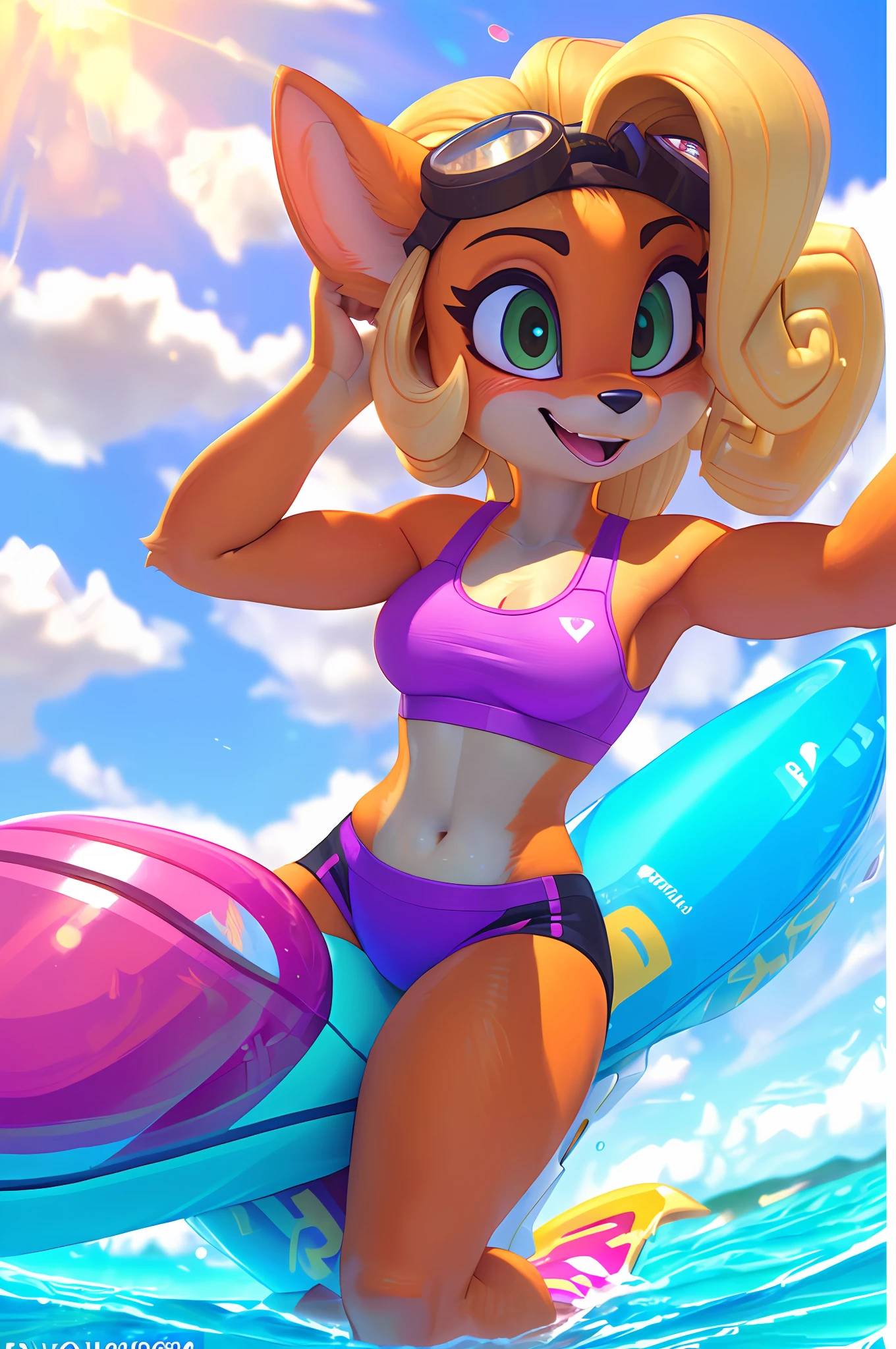 [Coco bandicoot], [Uploaded to e621.net; (Pixelsketcher), (wamudraws)], ((masterpiece)), ((solo portrait)), ((furry; anthro)), ((detailed fur)), ((raytracing)), ((cinematic lighting)), ((detailed shading)), ((beautiful 3D art)), ((full body)), {anthro; (orange fur, black nose, pointed ears, curly blonde hair, curly ponytail), cute green eyes, blushing, (happy smile; mouth open, cute fang), (pink sports bra; yellow lining, small boobs), (yellow yoga shorts; pink lining), (light blue jet ski goggles on head)}, (riding pink jet ski in water, dynamic pose, leg in water), [background; beautiful ocean; glistening waves, sun rays)]