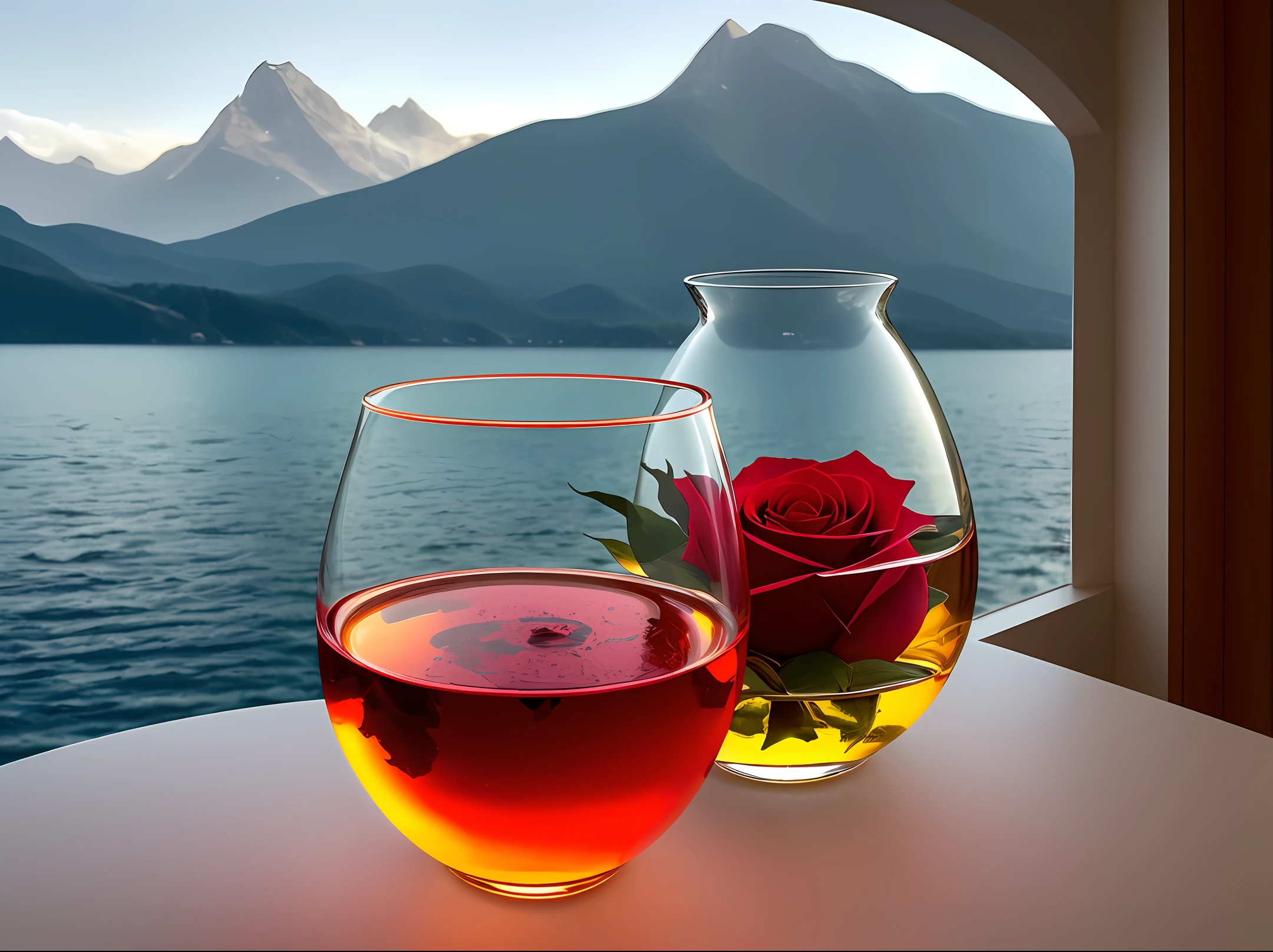 The sun in a crystal glass by the sea, against the background of the mountains, a glass of regular classical shape, opened from above, below, next to the glass, is a red rose, high-quality realistic photography
