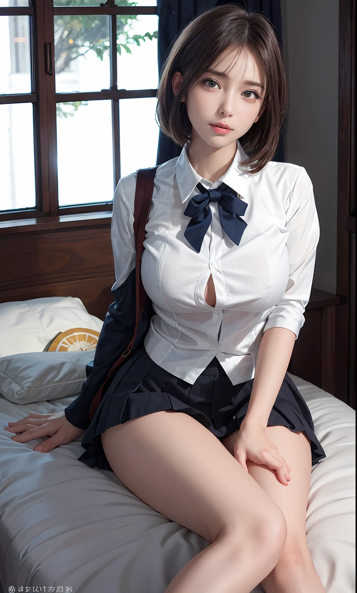 majicMIX realistic, (raw photo:1.2), (photorealistic:1.4), beautiful detailed girl,short hair, show off panties, show off panties, panty shot, highly detailed eyes and face, beautiful detailed eyes, ridiculous, incredibly ridiculous, huge file size, super detailed, high resolution, highly detailed, best quality, masterpiece, Kemomimi, (Japan Girls' High School Uniform)), illustration, very detailed, CG, unification, 8k wallpaper, fantastic, fine detail, highly detailed CG uniform 8k wallpaper, light on face, movie lighting, 16 year old girl, frontal, (dynamic pose))), (camel toe), (half), (sitting legs bending knees)), pleated skirt, blazer, lying in bed