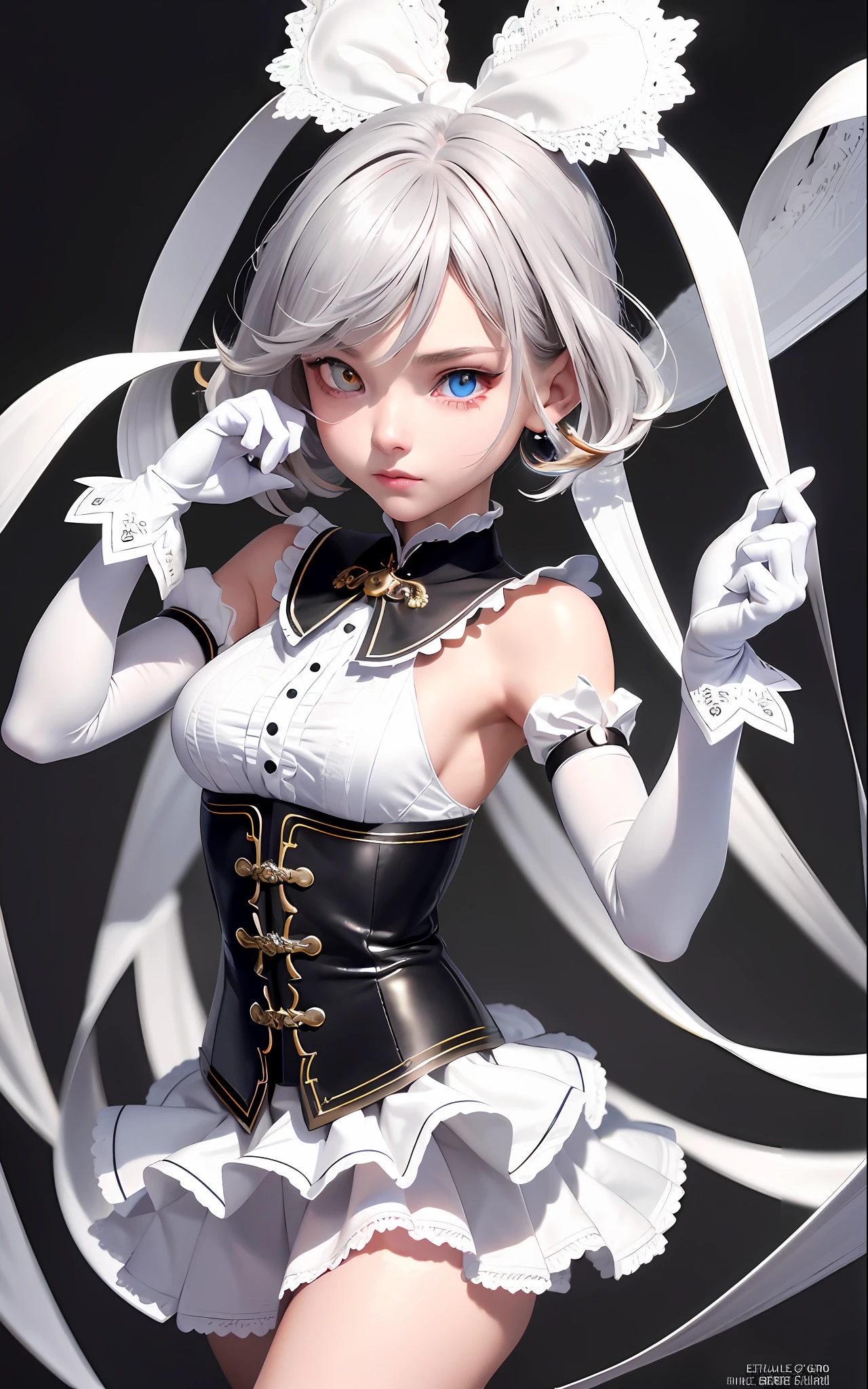 Superb Style, Masterpiece, High Resolution, Best Quality, UHD, Super Detail, Award-Awarded, 16k, (upper body), A beautiful girl, Gray hair, Hair, ((Heterochromia)), Hanging eye corners, Fair skin, (Small breasts), (Slim Figure), ((Skirt)), (Ribbon collar), (Short gloves as short as half a palm)