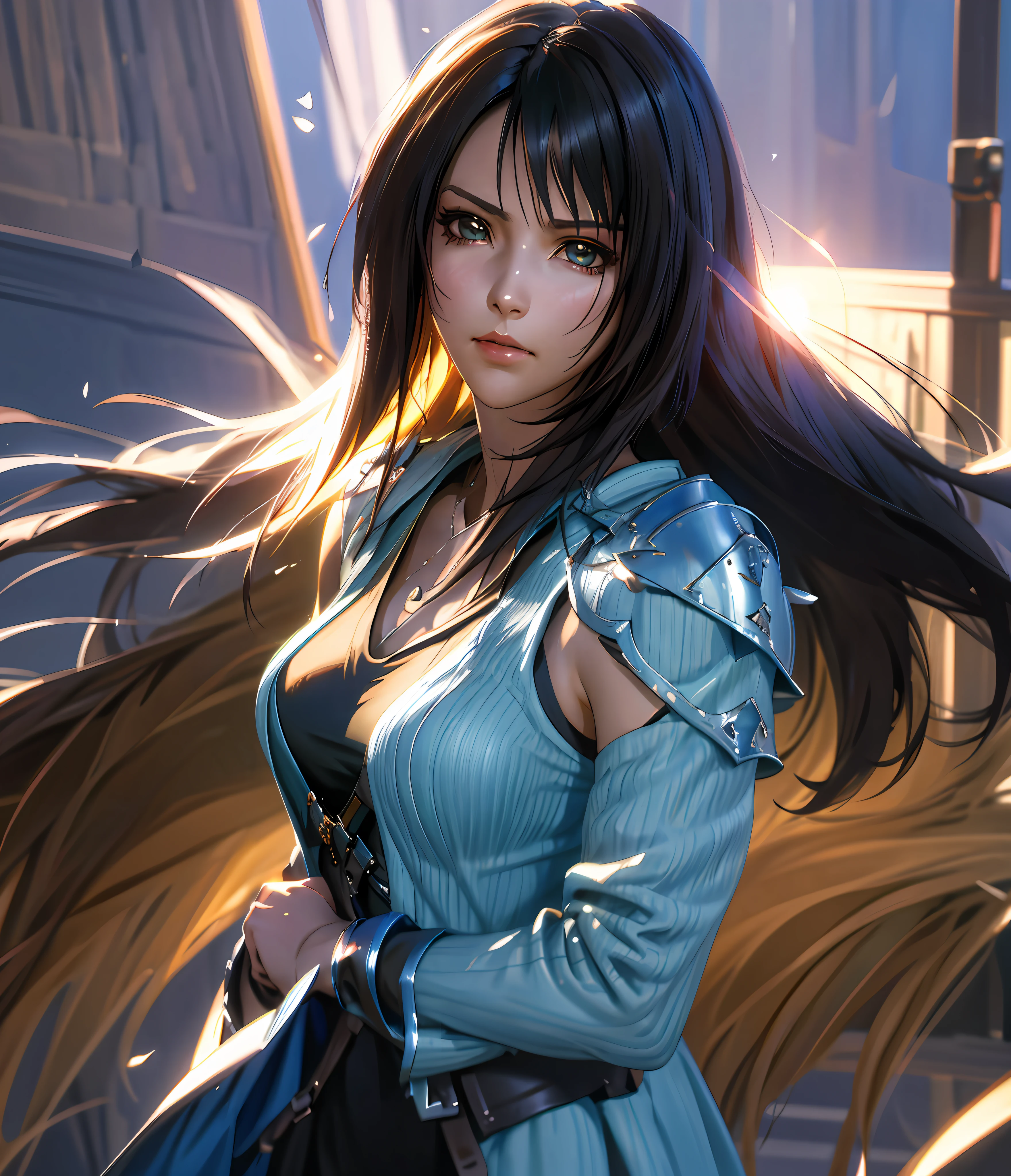 rinoa, blue armor dress, ,hair blowing in the wind, incomparable masterpiece, 8k uhd, perfect art, beautiful face, beautiful eyes, precise hands, dramatic lighting, ray tracing, symmetrical eyes