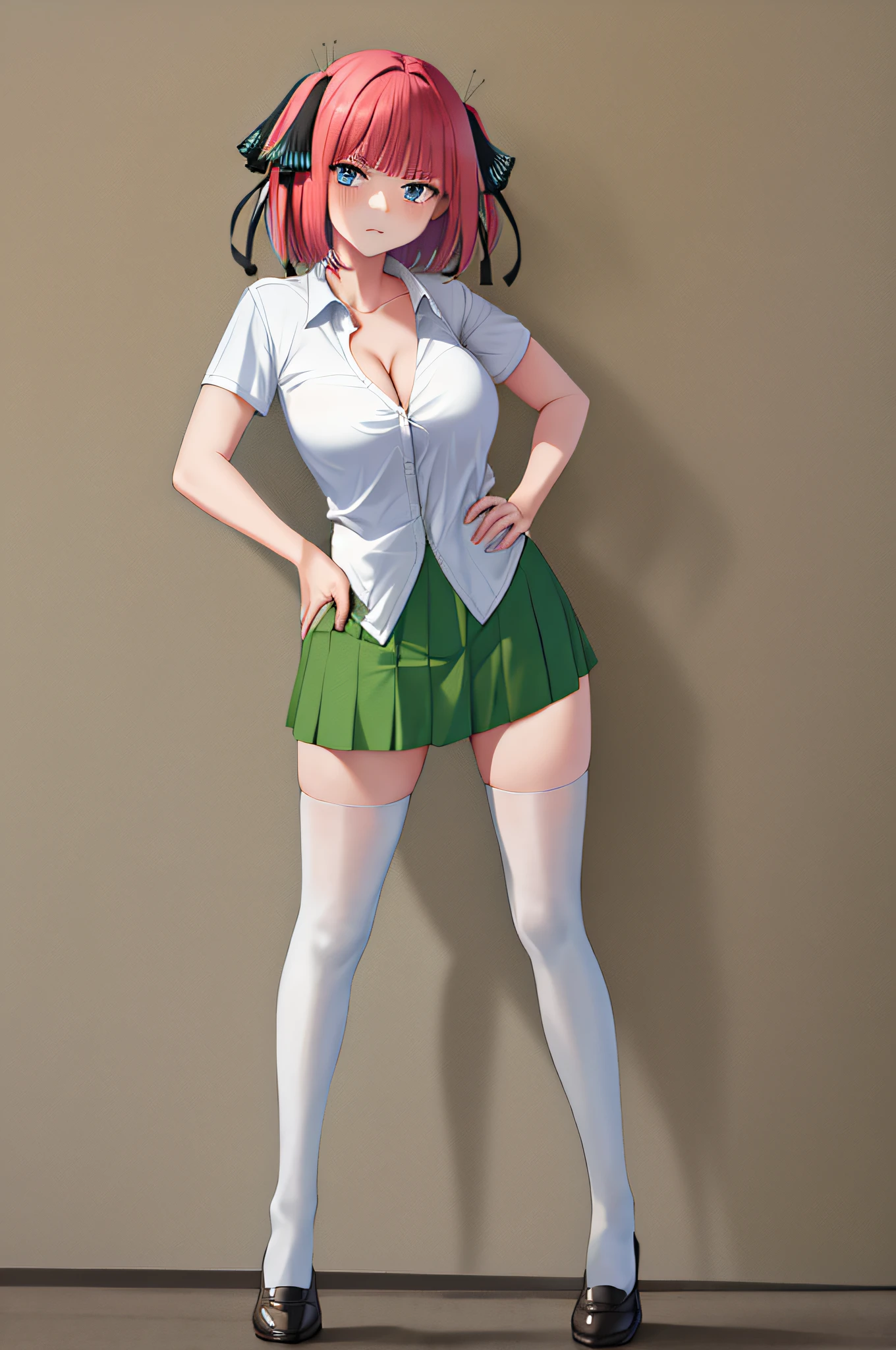 masterpiece, best quality, highres, nn1, 1girl, hair ribbon, short hair, large breasts, cleavage, green skirt, white shirt, collared shirt, open clothes, black thighhighs, short sleeves, hands on hips, annoyed, full body, standing, waving,