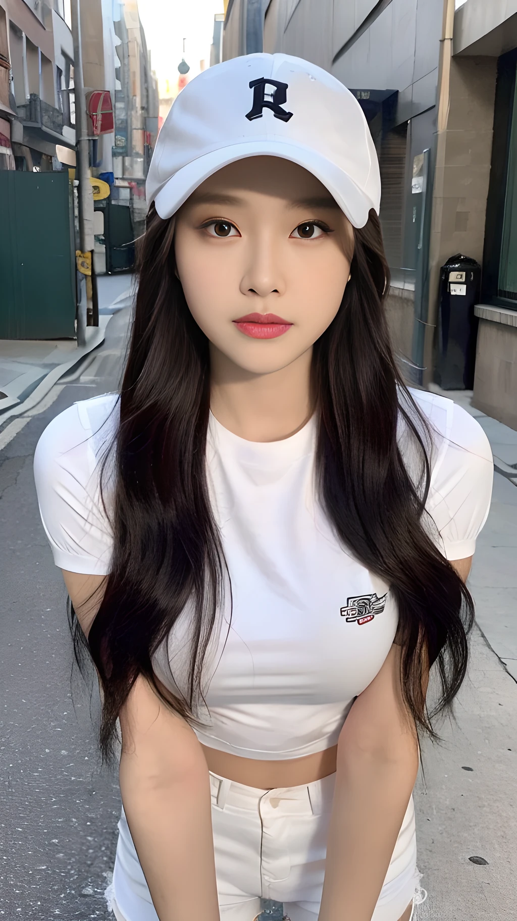 ((Best Quality, 8K, Masterpiece: 1.3)), (Baseball Cap: 1.3), Focus: 1.2, Perfect Body Beauty: 1.4, Buttocks: 1.2, (Layered Haircut: 1.2)), , (Dark Street: 1.3), Highly Detailed Face and Skin Texture, Full Body, Delicate Eyes, Double Eyelids, Whitened Skin, Long Hair, (Round Face: 1.5), (Short Sleeves, Shorts: 1.6)