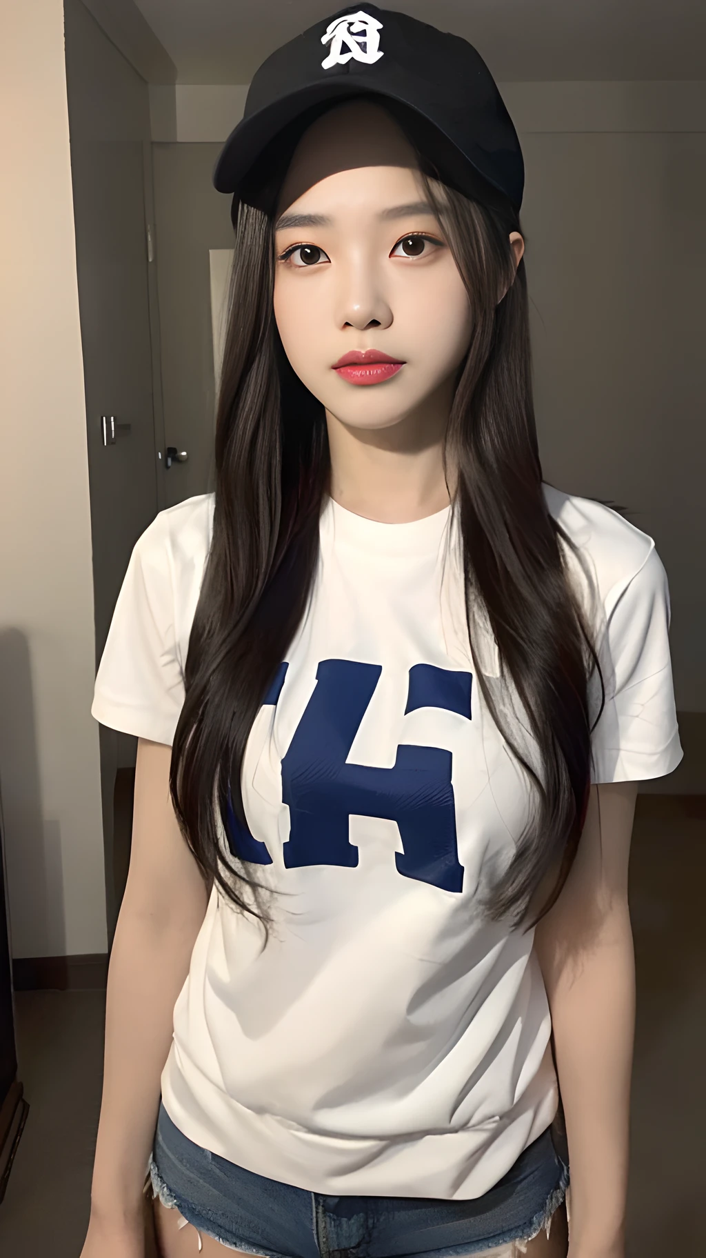 ((Best Quality, 8K, Masterpiece: 1.3)), (Baseball Cap: 1.3), Focus: 1.2, Perfect Body Beauty: 1.4, Buttocks: 1.2, (Layered Haircut: 1.2)), , (Dark Street: 1.3), Highly Detailed Face and Skin Texture, Full Body, Delicate Eyes, Double Eyelids, Whitened Skin, Long Hair, (Round Face: 1.5), (Short Sleeves, Shorts: 1.6)