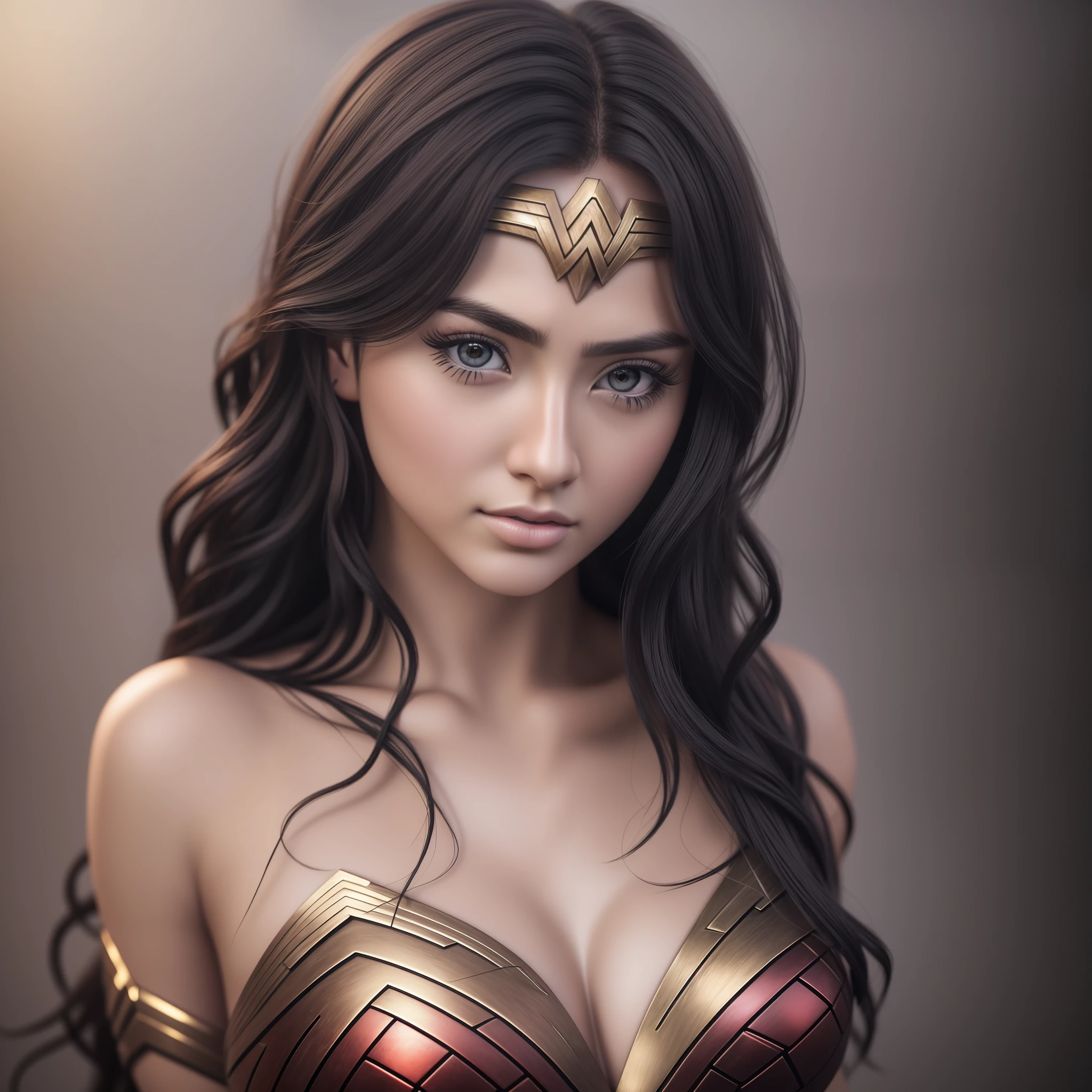 “Chipu”, 20 years old, Photo Realistic, Realistic. 1girl realistic, skin realistic, “Chipu” face, big boobs, wonder woman, detailed eye makeup, puffy eyes, solo, sharp focus, volumetric fog, 8k uhd, dslr, high quality, film grain, photorealism, lomography --auto --s2