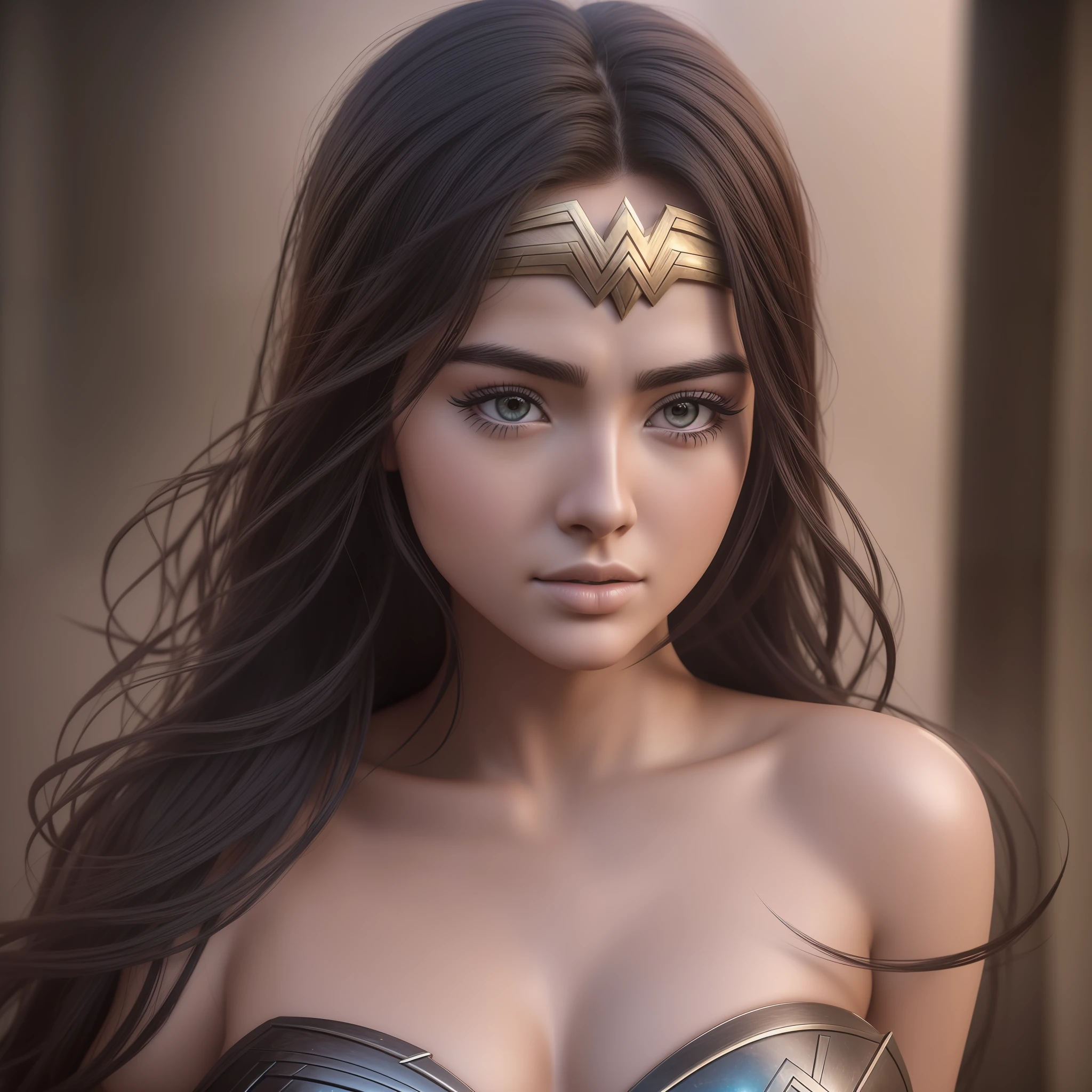 “Chipu”, 20 years old, Photo Realistic, Realistic. 1girl realistic, skin realistic, “Chipu” face, big boobs, wonder woman, detailed eye makeup, puffy eyes, solo, sharp focus, volumetric fog, 8k uhd, dslr, high quality, film grain, photorealism, lomography --auto --s2
