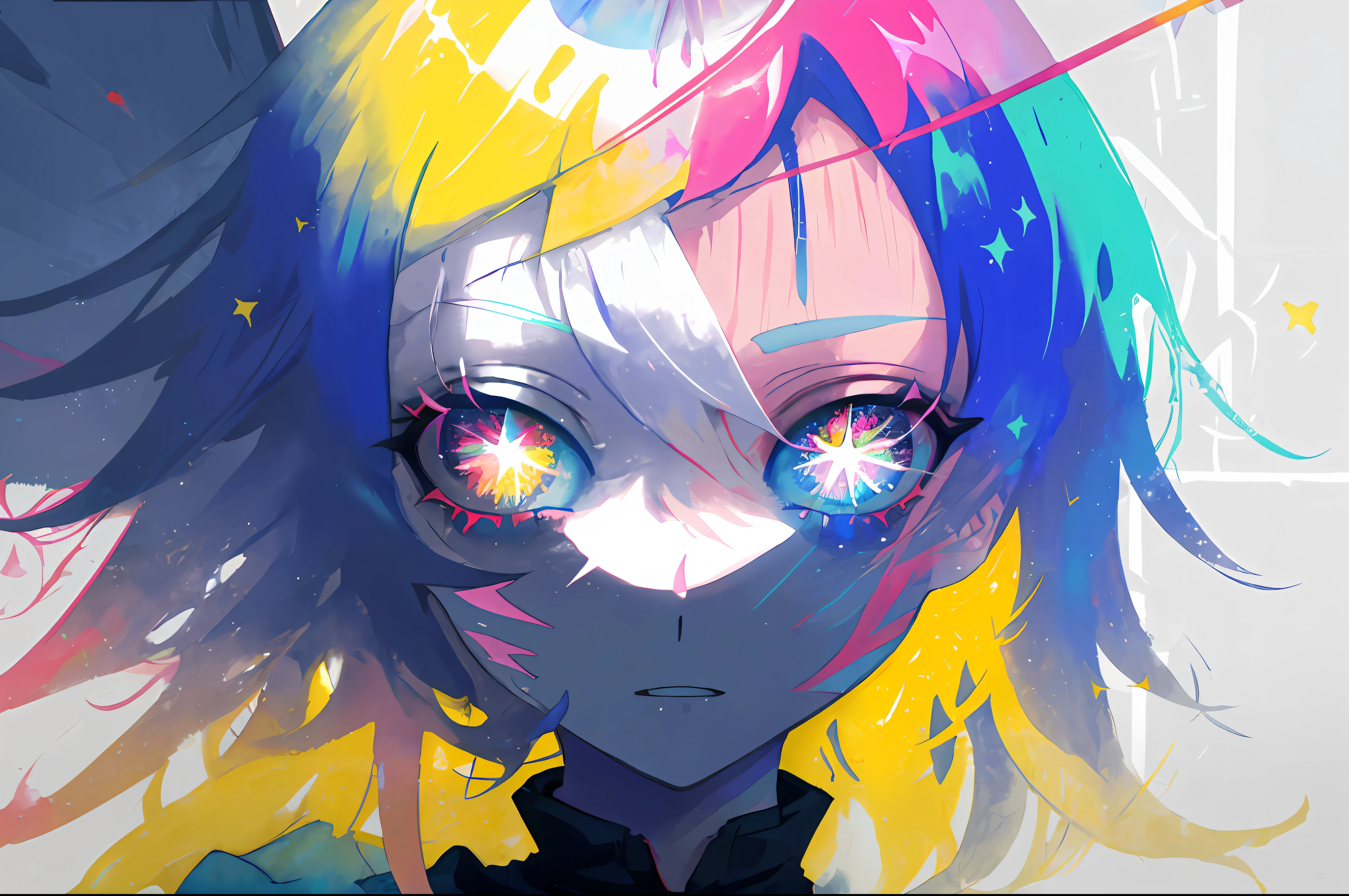 close-up, watercolor, vibrant, pastel, bright glowing pupils, big eyes, eyes, ((starry pupils)), marks on face, face tattoos, scars, contrast, high contrast, dark streaks,
