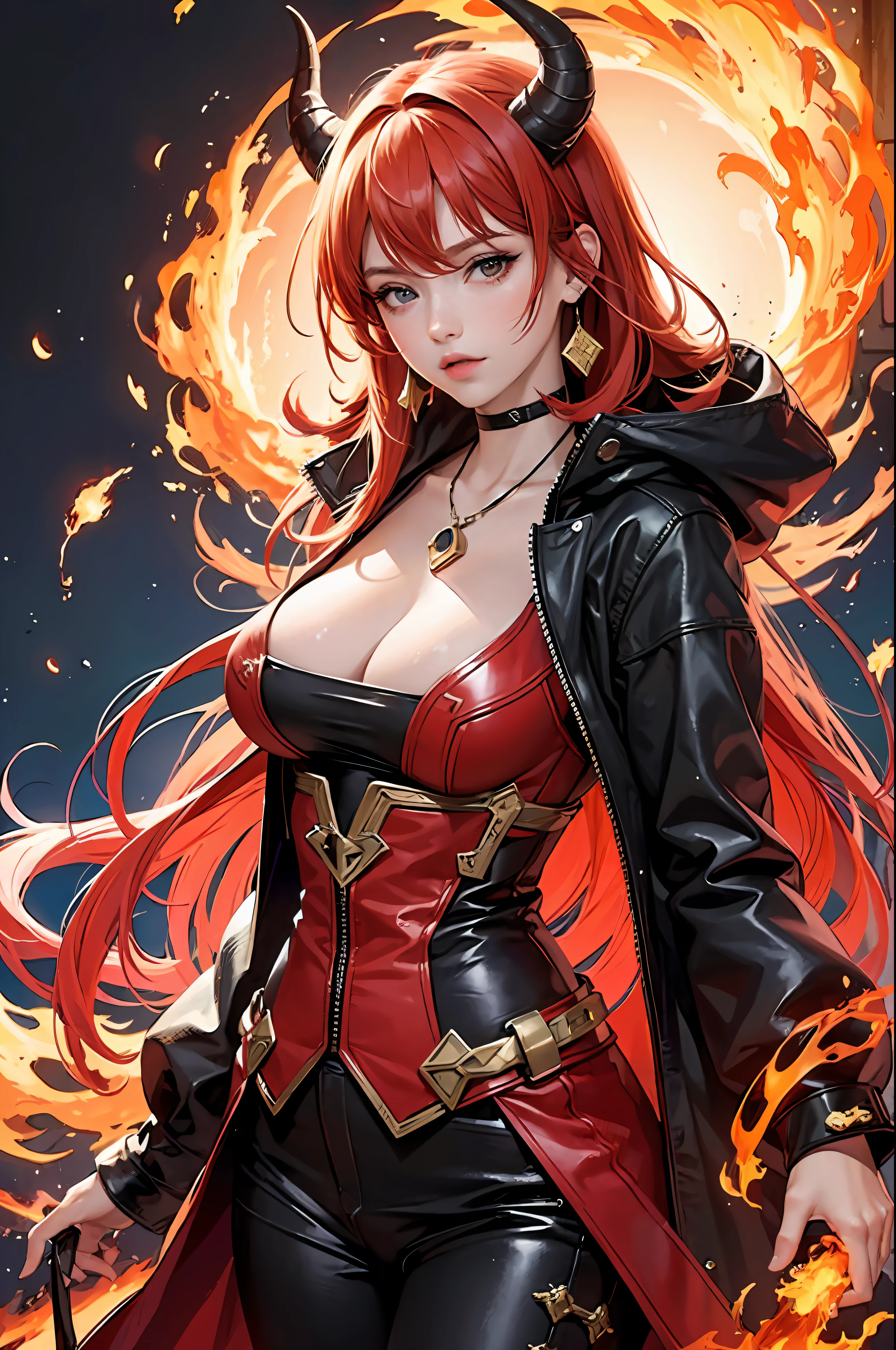 ((masterpiece,best quality,highest quality,)), 1 girl, red hair, horn, long hair, fire element, fire background, large breast,