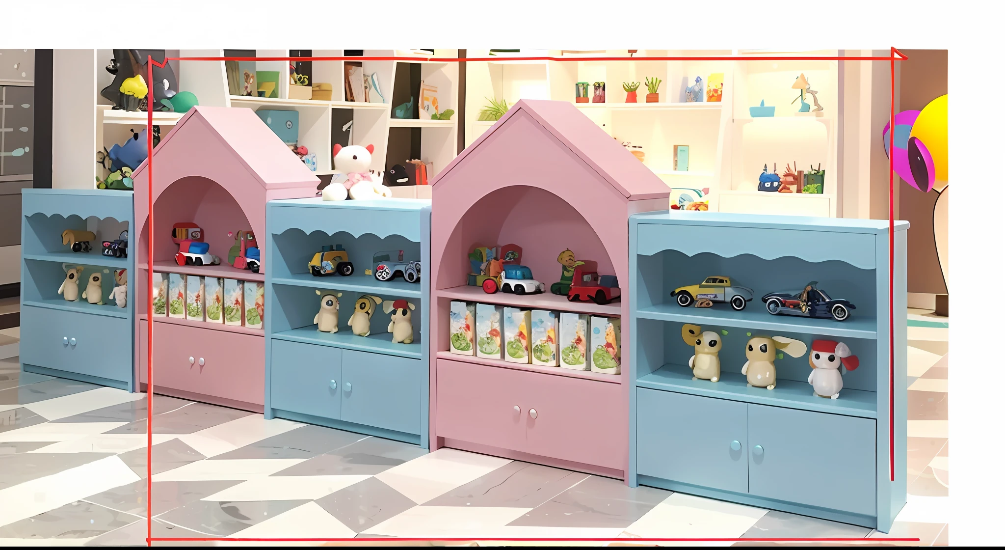 Two-dimensional flat art style, strong sense of line ,,,there are two shelves in the room with toys, toy room, cabinet furniture, high quality], product display, display case, handmade, high detail, high detail, high detail, children, boys, children, toddlers, detailed pictures, dollhouse, giant, children, children's toys, cute, (ready-made - made), decorative, pleasant