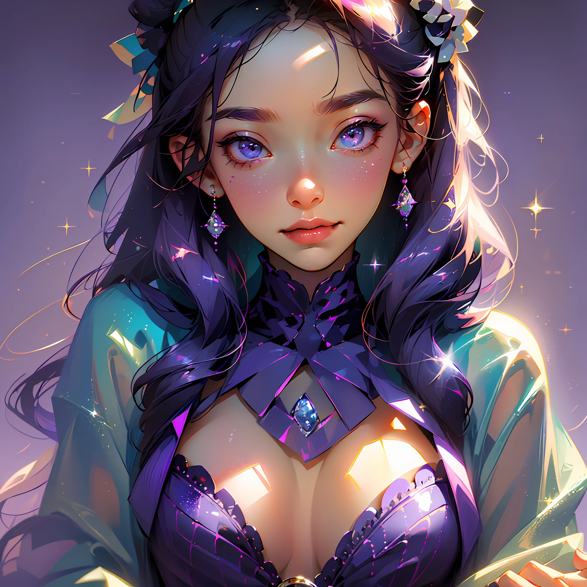 ((masterpiece)), (best quality), (best resolution), (super detailed), ((perfect face)), (perfect body), (expressive eyes), (cute and beautiful girl), (smile), ((simple clothes)), ((purple colours)), ((simple background)), (sparkles) --auto --s2