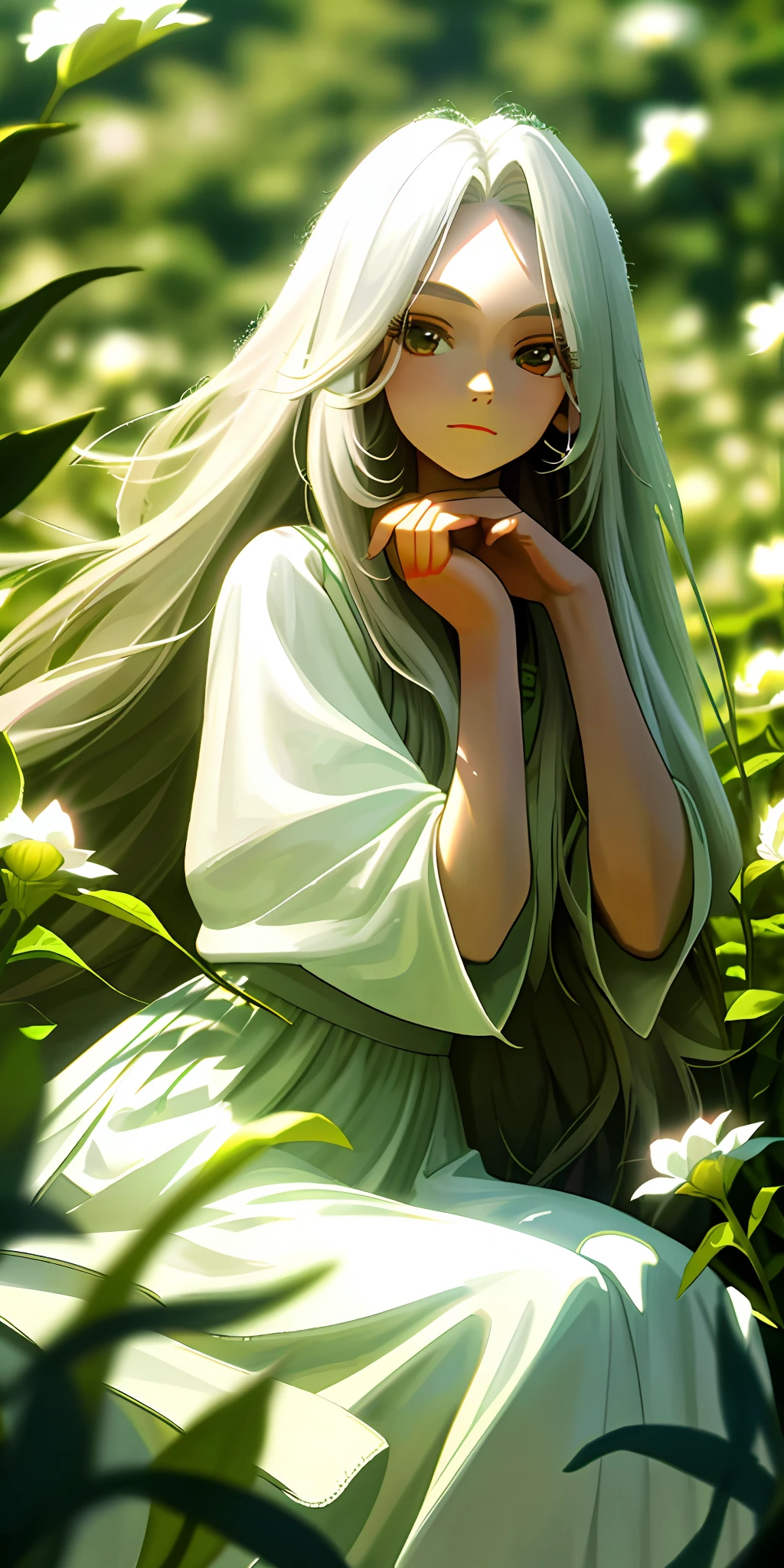 (masterpiece, best quality),1girl with long white hair sitting in a field of green plants and flowers, her hand under her chin, warm lighting, white dress, blurry foreground