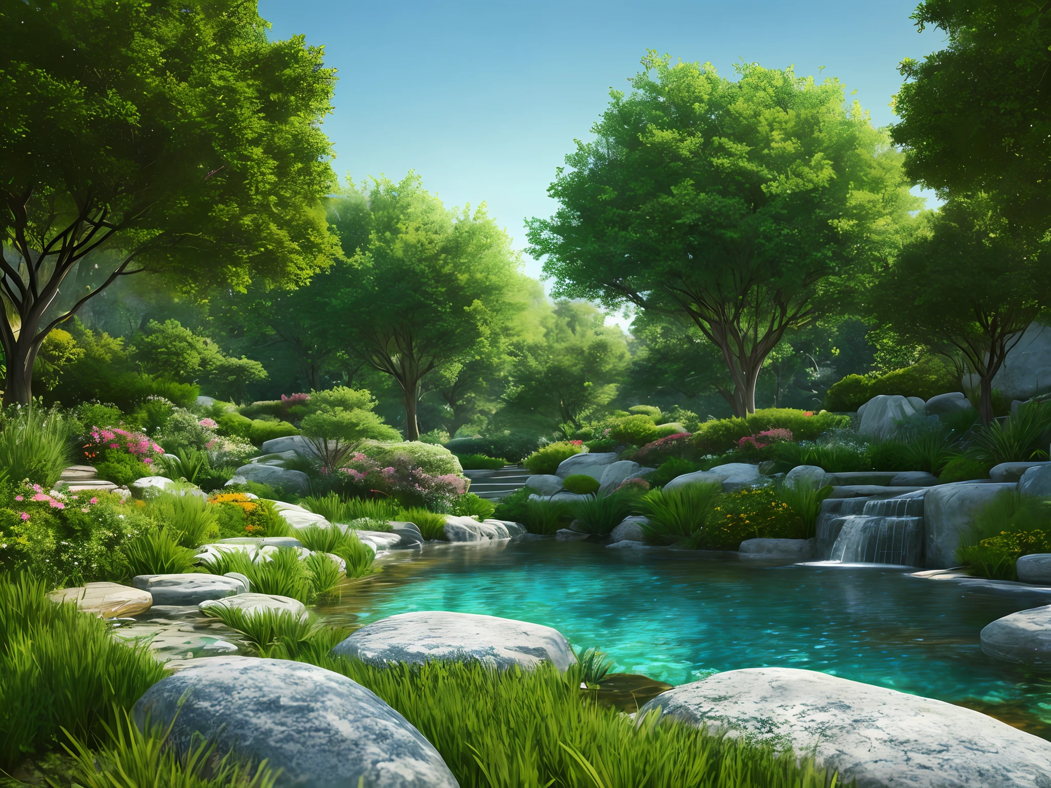A serene place, very pleasant, beautiful, calm and beautifully landscaped. photorealistic, 8k uhd, studio quality, ultra realistic, maximum detail, large scale, postprocessing, photorealistic, photorealistic, photoshop, photography, detailed, cinematic lighting, landscape, panorama, scenery, ray tracing, cinema4d