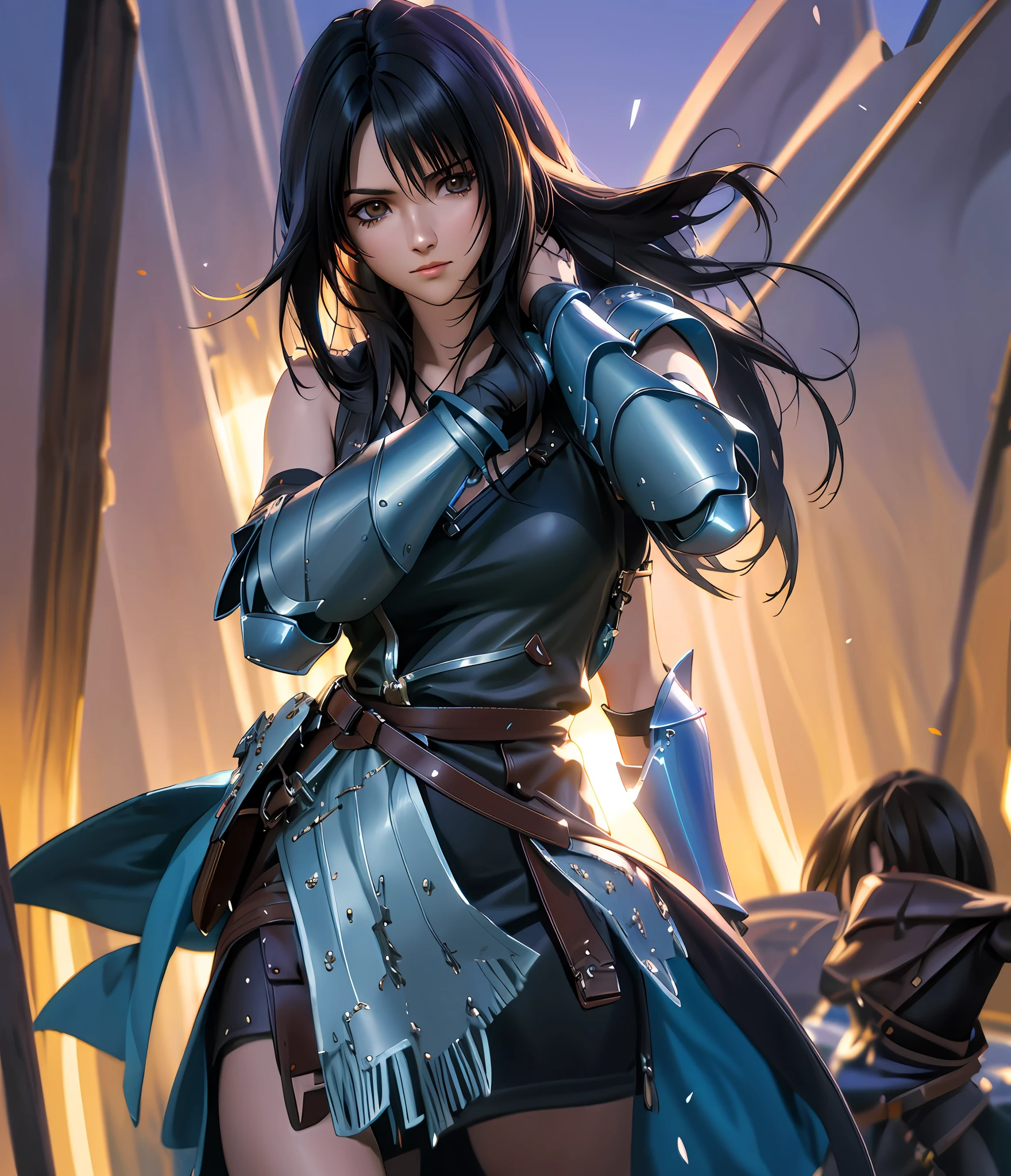 Rinoa, Blue Armor, Full Gauntlets, Dark Fantasy, Hair Blowing in the Wind, Unparalleled Masterpiece, 8K UHD, Perfect Art, Beautiful Face, Beautiful Eyes, Precise Hands, Dramatic Lighting, Ray Tracing