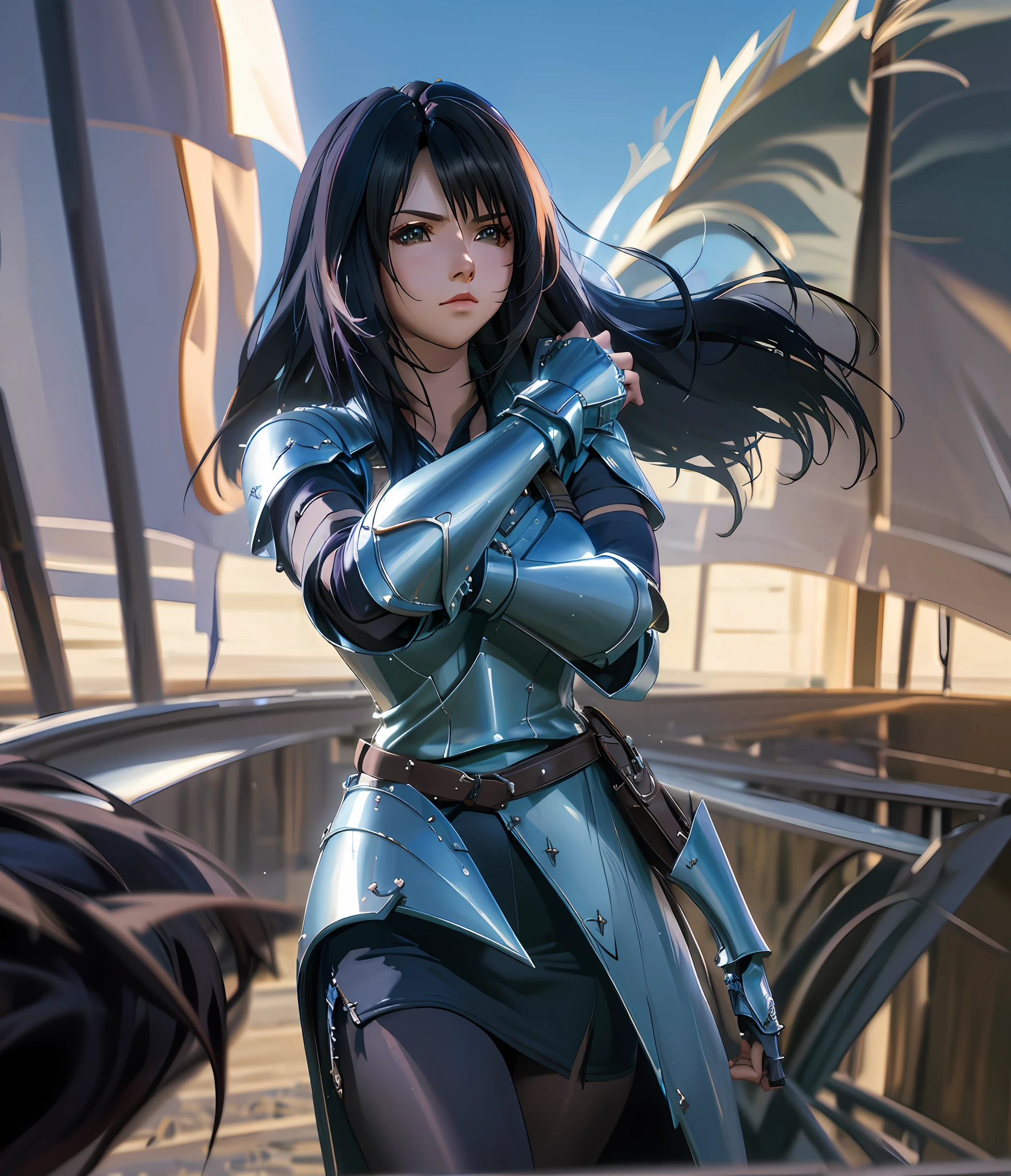 Rinoa, Blue Armor, Full Gauntlets, Dark Fantasy, Hair Blowing in the Wind, Unparalleled Masterpiece, 8K UHD, Perfect Art, Beautiful Face, Beautiful Eyes, Precise Hands, Dramatic Lighting, Ray Tracing