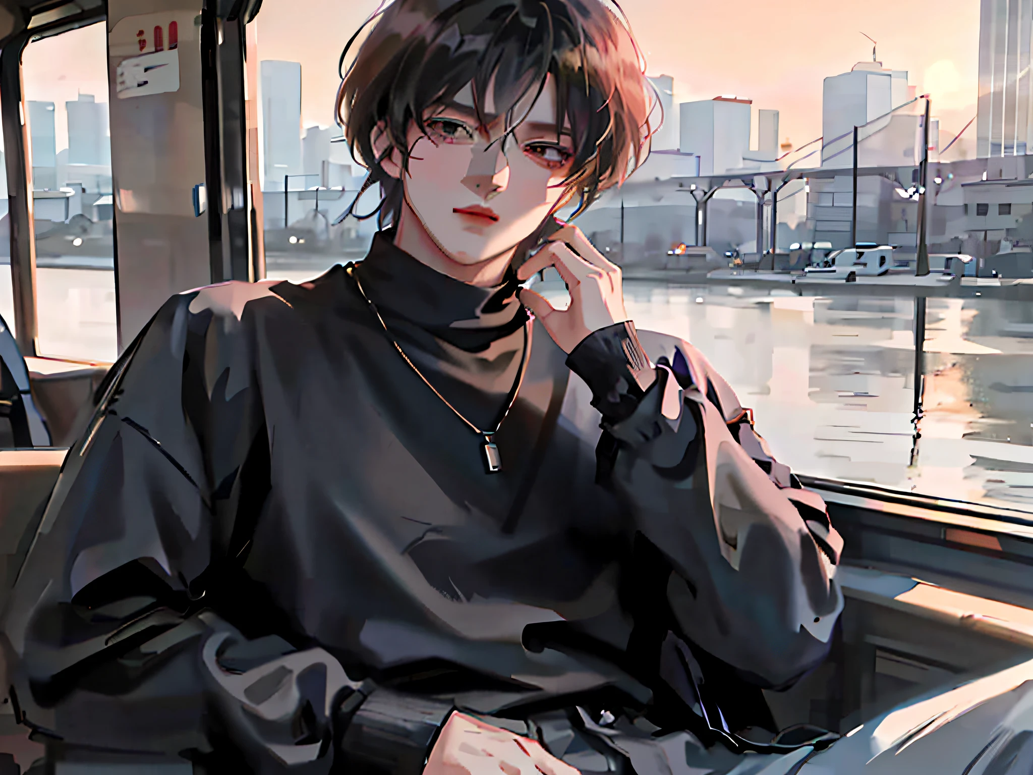 there is a woman sitting on a bus with a city in the background, male anime style, anime style. 8k, young anime man, anime style 4 k, handsome anime pose, artwork in the style of guweiz, lofi portrait, realistic anime artstyle, anime style portrait, anime realism style, anime boy, semirealistic anime style, digital anime illustration