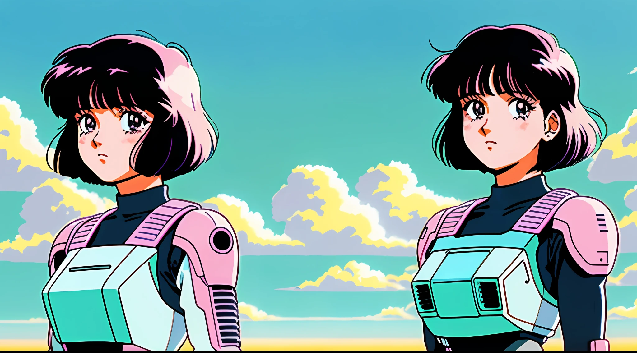 muted pastel colors, retro anime, 1990s anime, 1980s anime, brush strokes, solo, 1girl, masterpiece, best quality, bob cut, blunt bangs, blush, black hair, steaming, (freckles:0.8), collarbone, exposed shoulders, space suit, small , solarpunk background, (?), only one girl, solar punk