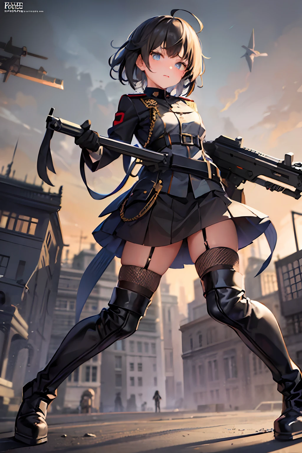 The girl wore a black German military uniform, Girls' Front, animated, extremely beautiful detailed anime face and eyes, realistic, whole body, from_below, focus on eyes, holding_weapon, beautiful detailed fullbody, petite, girl, baby,5 years old, short hair, messy hair, wept bangs, blonde hair, disheveled hair, ahoge, Delicate facerain, rape face, lovely big eyes, flat_chest, blue eyes, black_gloves, gun, military, boots, black Clothes, grand space, floating, God Light, Absurd, artbook, extremely detailed 8K wallpaper, very precise detailed, absurdres,