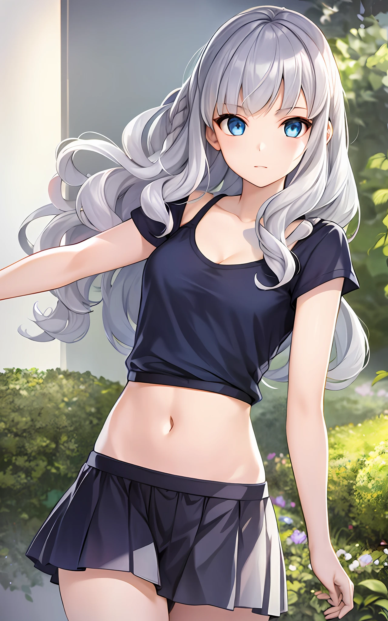 girls, solo, skirt combs, bink panties, plain clothes (casual, summer clothes), sheer bra, silver hair, blue eyes, wavy hair, microskirts,