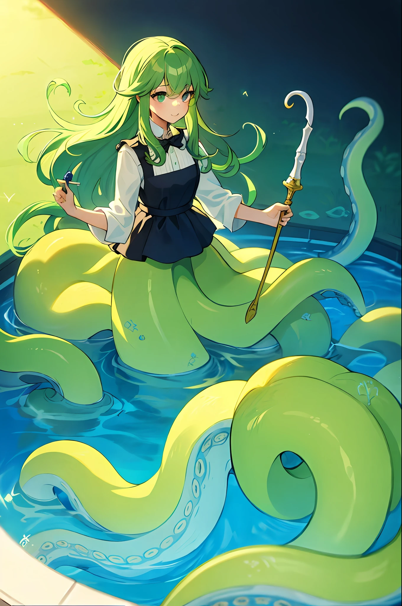 1girl with light green hair and a shirt holding a wand, Scylla, masterpiece, best quality, in a pool, long hair