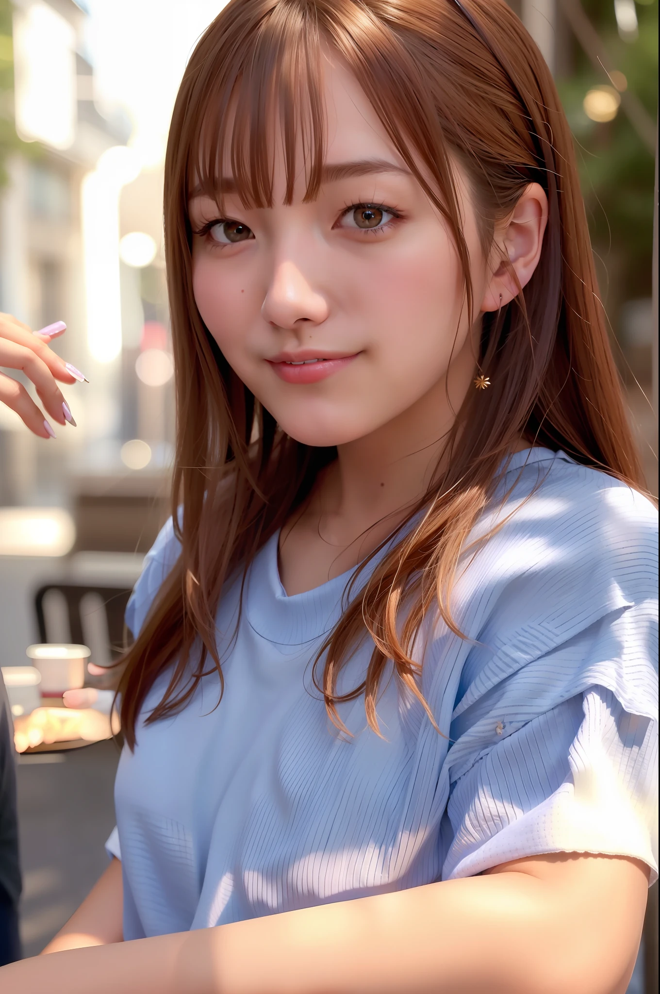 (skin blemish:1.2),1women, 28 yo, (((woman))), (skindentation), gorgeous, solo, realistic, best quality, photorealistic, masterpiece, 8k, high res, solo, extremely detailed face, cowboy shot, bust shot, passport photo, fullface, (professional lighting, bokeh), (light particles, lens flare, glowing particles:0.6), (dynamic pose:1.2), soft lighting, top angle view, fashionable and trendy atmosphere, japan, tokyo, ((nighttime)), ((looking at the viewer)), (looking at the camera),(portrait:0.6), standing, upper body, facial close up, (small breast:1), (long hair), brown hair, floating hair, nose, lips, lipstick, seductive smile, floating hair, mole, smile, teeth, (mole under eye:1.2), sweater, jacket, skirt,