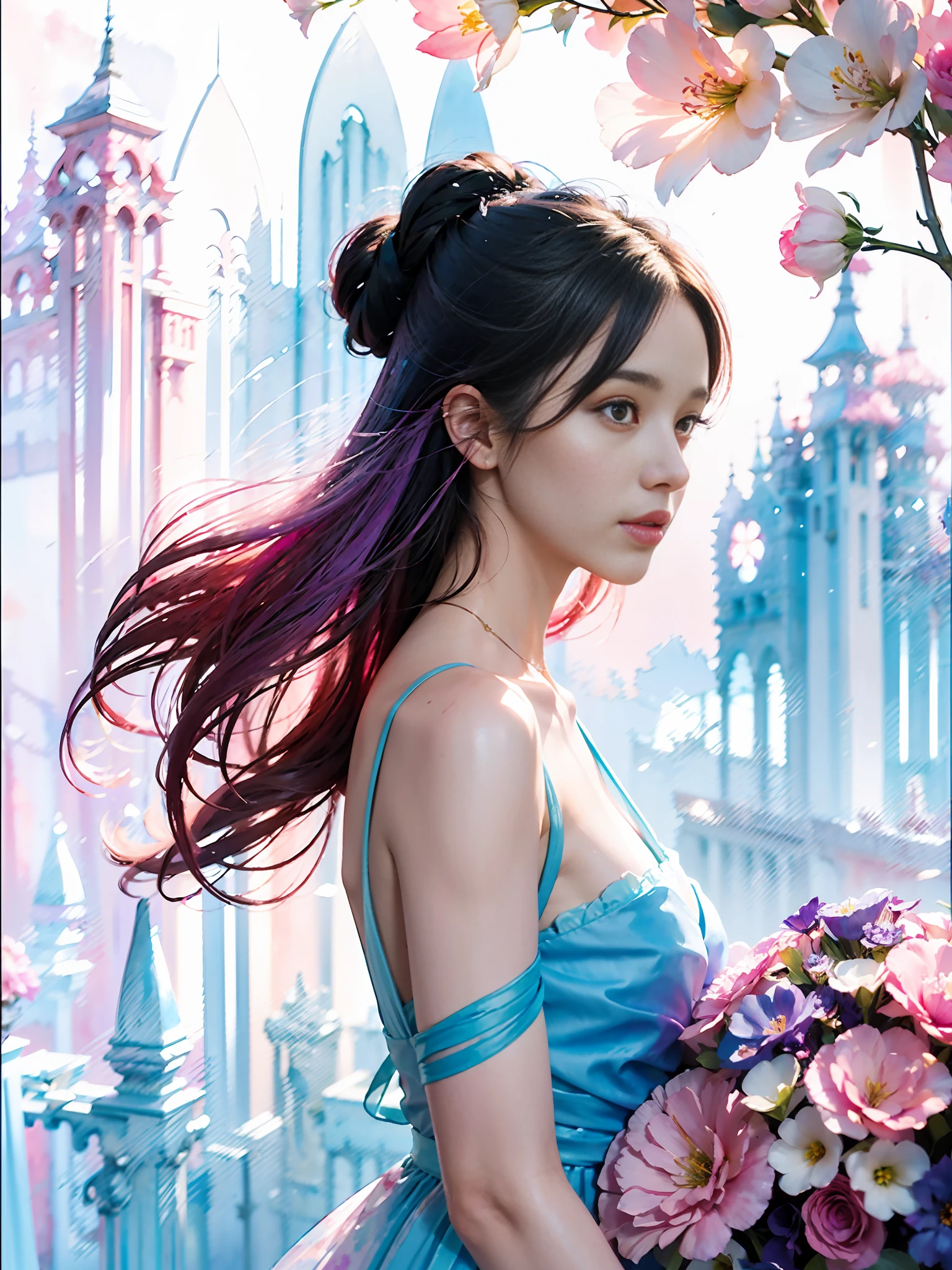1girl,flower, Lisianthus ,in the style of light pink and light azure, dreamy and romantic compositions, pale pink, ethereal foliage, playful arrangements,fantasy, high contrast, ink strokes, explosions, over exposure, purple and red tone impression , abstract, ((watercolor painting by John Berkey and Jeremy Mann )) brush strokes, negative space,