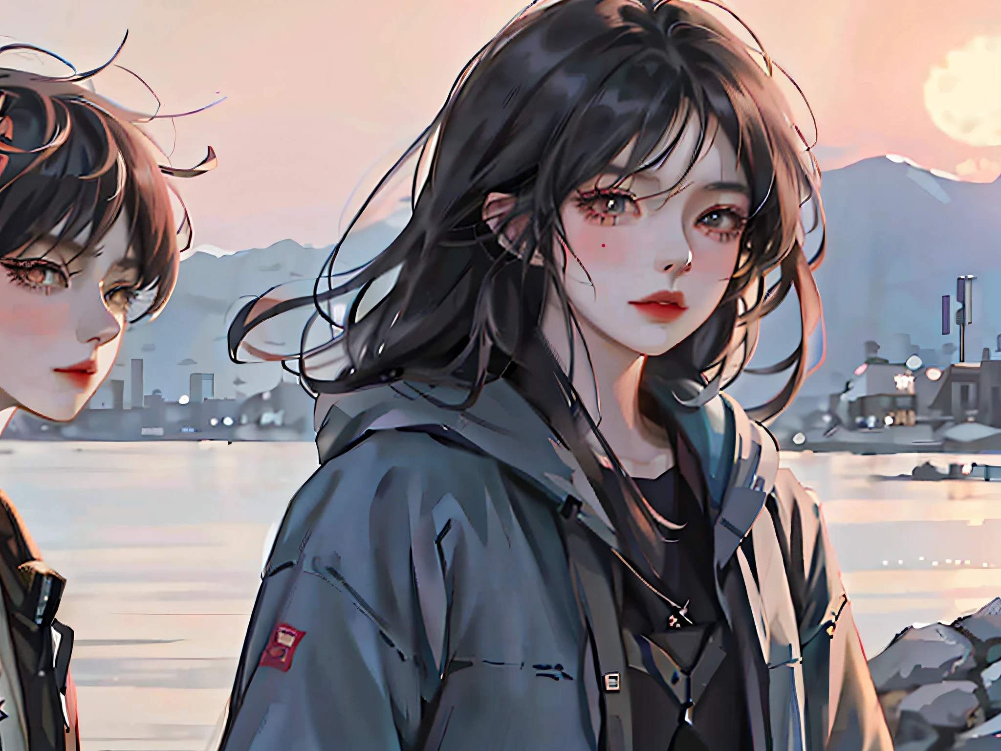 anime girl with long hair and a black jacket standing next to another girl, artwork in the style of guweiz, anime style 4 k, anime style. 8k, anime art wallpaper 4 k, anime art wallpaper 4k, anime art wallpaper 8 k, guweiz, anime wallpaper 4k, anime wallpaper 4 k, digital anime illustration