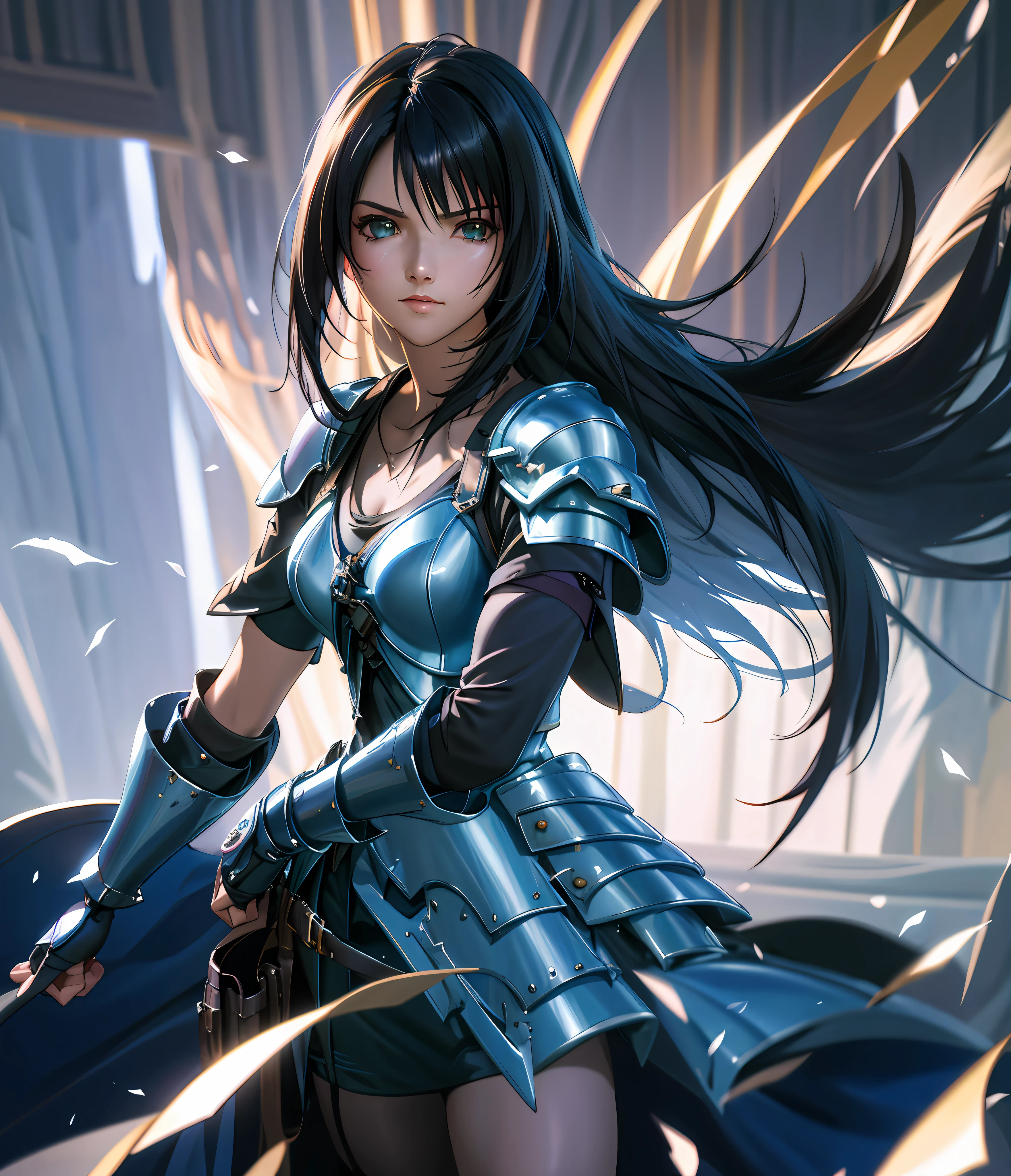 Rinoa, Blue Armor, Full Gauntlets, Dark Fantasy, Hair Blowing in the Wind, Unparalleled Masterpiece, 8K UHD, Perfect Art, Beautiful Face, Beautiful Eyes, Precise Hands, Dramatic Lighting, Ray Tracing