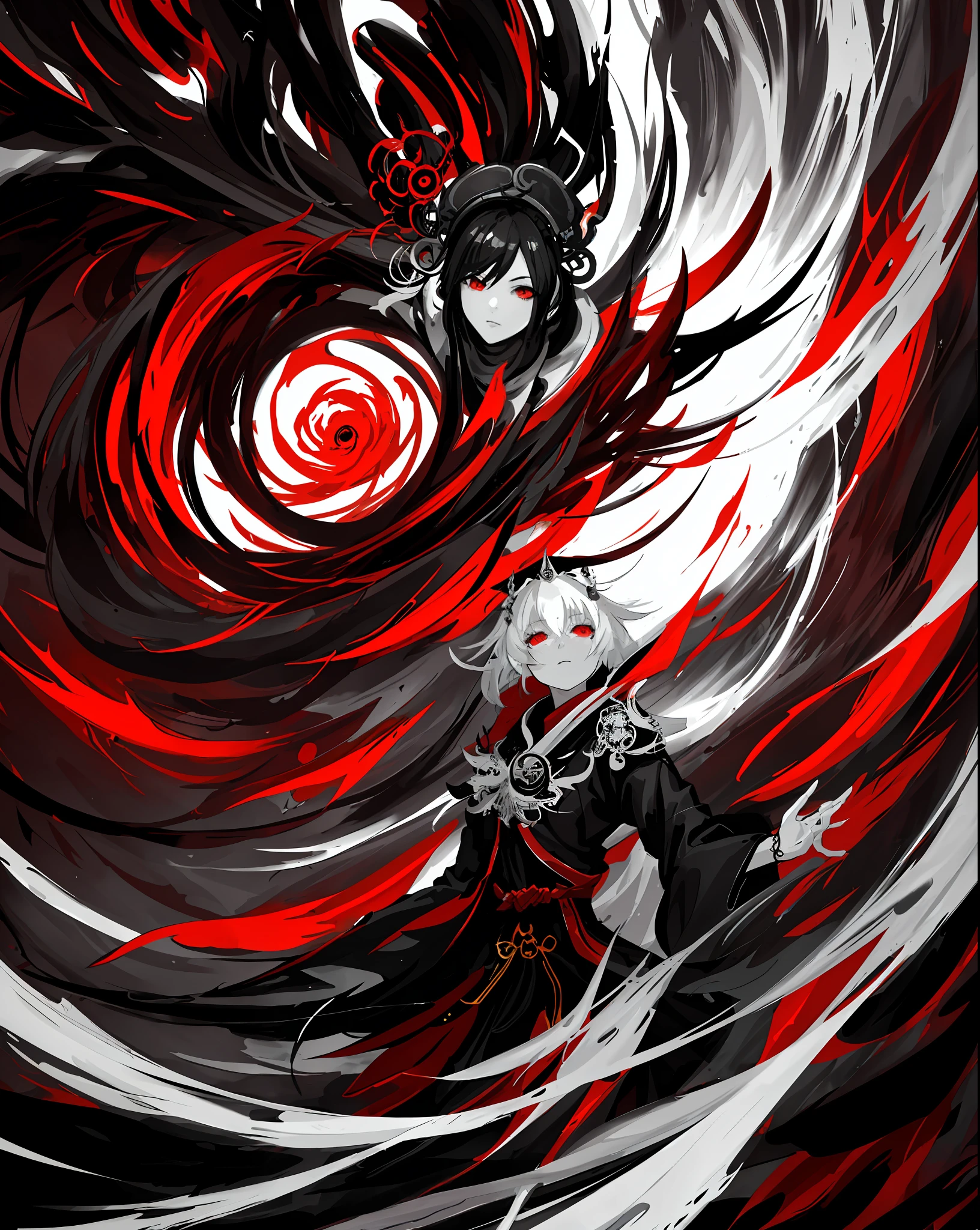 A painting of a girl through a spiral, twisted abstraction of fate, Onmyoji detailed art, spinning death, painted in mysterious style, turbulent lake of blood, anime abstract art, black and white red, godrays digital painting, engulfed by swirling flames, whirlwind, Dota 2 concept art