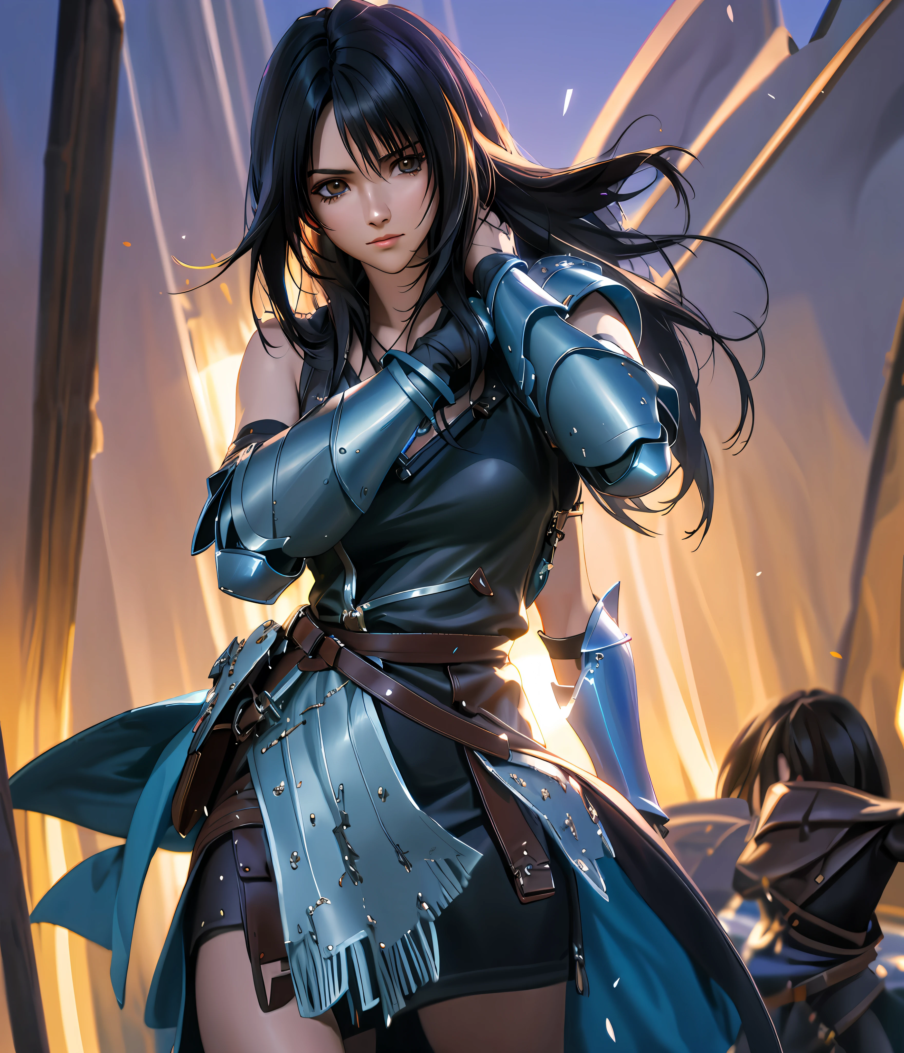 Rinoa, Blue Armor, Full Gauntlets, Dark Fantasy, Hair Blowing in the Wind, Unparalleled Masterpiece, 8K UHD, Perfect Art, Beautiful Face, Beautiful Eyes, Precise Hands, Dramatic Lighting, Ray Tracing