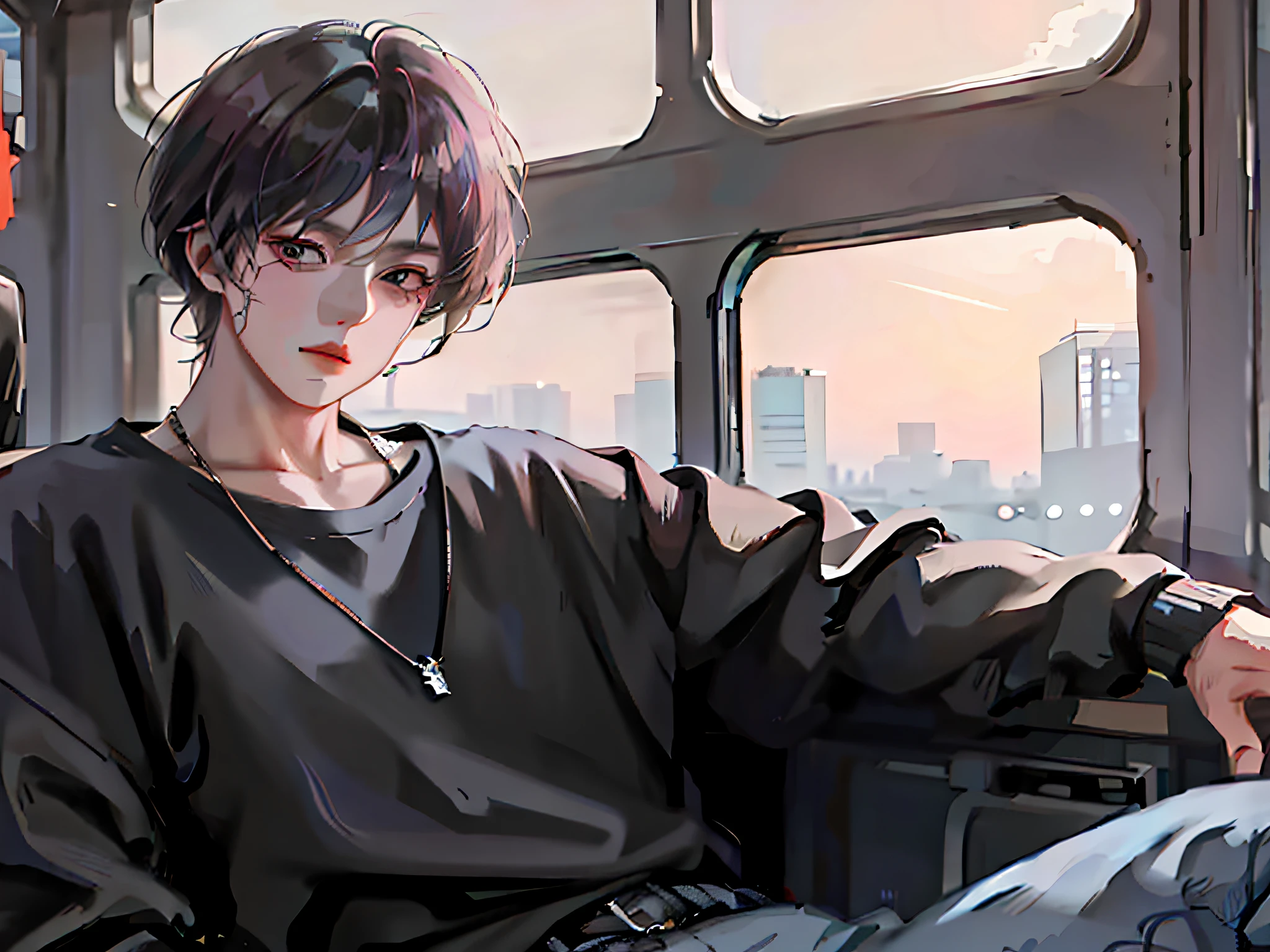 anime boy sitting on a bus looking out the window, artwork in the style of guweiz, anime style. 8k, anime boy, anime realism style, anime style 4 k, male anime style, realistic anime 3 d style, lofi portrait, guweiz, realistic anime artstyle, anime style portrait, semirealistic anime style, digital anime illustration