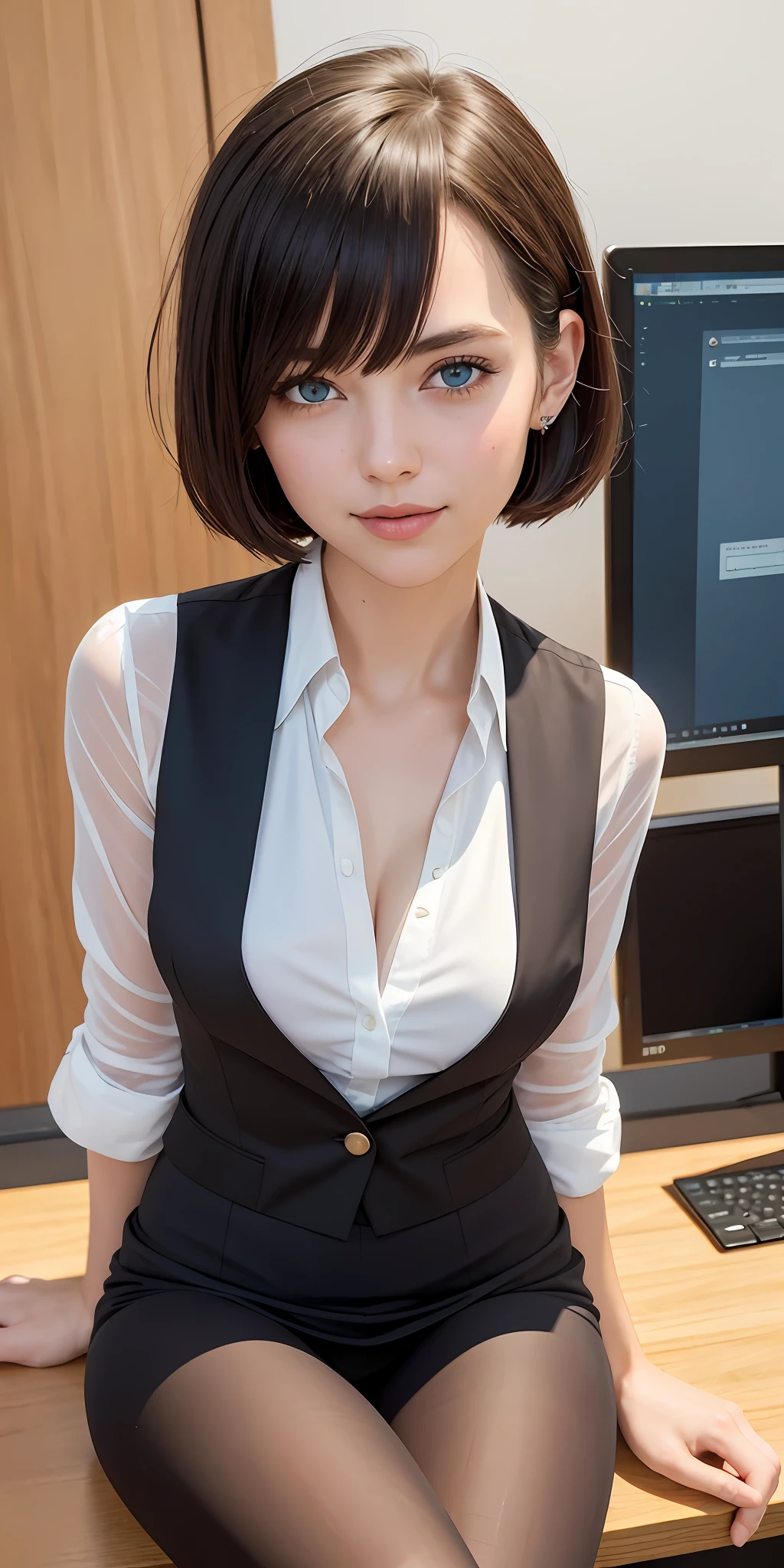 (RAW, best quality, masterpiece:1.5), (photo realistic, intricate details:1.2), ultra highres, absurdres,
1girl, beautiful face, blue eyes, green eyes, detalied eyes, symmetric eyes, light on face, nose blush, short hair, black hair tie, 
clk, vest, suit, pencil miniskirt, unbuttoned white shirt, loose silk scarf, black pantyhose, [:20d, :0.8],
smile, small dimples, sexually suggestive, 
medium breasts, slim waist, slim legs, long legs,
sitting on chair in front of desk, perfect body, good proportions,
looking at viewer, 
(office, indoor, hyper detailed background:1.2), japan, copy machine, file cabinet, computer, monitor,
shiny skin, real skin texture, 
natural lighting, best lighting, detailed background, detailed shadow, sharp focus, depth of field f/2,
saturated, high contrast, strong light and shadow
