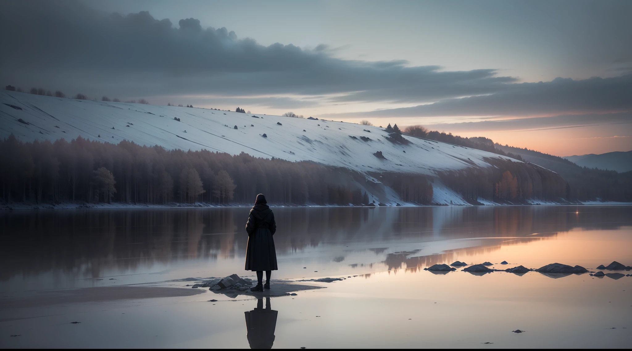 (heavy, melancholy, low saturation), cold tones, dark night (character description, place description), dusk, light point (as if meeting a miracle), reflection, (alone).