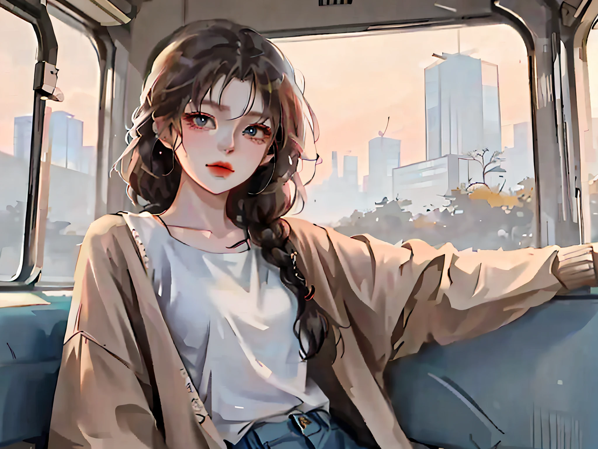 anime girl sitting on a bus with her arms crossed, artwork in the style of guweiz, lofi girl, lofi portrait at a window, lofi portrait, beautiful anime girl, portrait anime girl, guweiz, anime style. 8k, attractive anime girl, digital anime illustration, beautiful anime portrait, korean girl, trending on cgstation