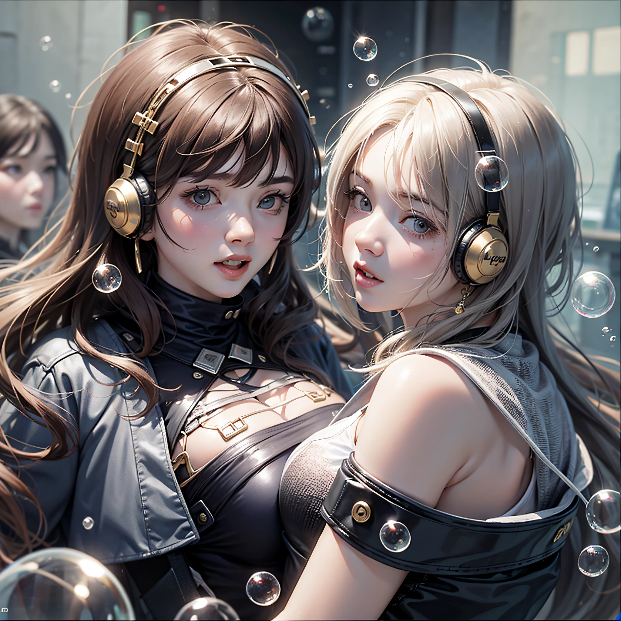Girls making noise covered in bubbles