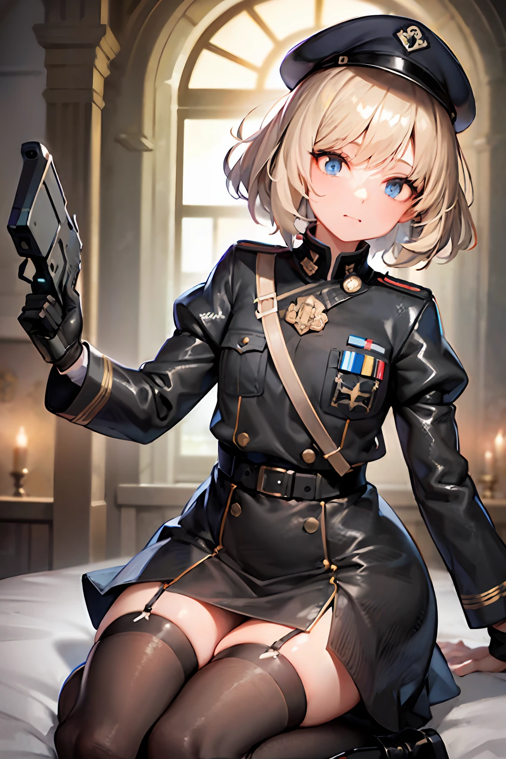 The girl wore a black German military uniform, Girls' Front, animated, extremely beautiful detailed anime face and eyes, realistic, whole body, from_below, focus on eyes, holding_weapon, beautiful detailed fullbody, petite, girl, baby,5 years old, short hair, messy hair, wept bangs, blonde hair, disheveled hair, ahoge, Delicate facerain, ???? face, lovely big eyes, flat_chest, blue eyes, black_gloves, gun, military, boots, black Clothes, grand space, floating, God Light, Absurd, artbook, extremely detailed 8K wallpaper, very precise detailed, absurdres,