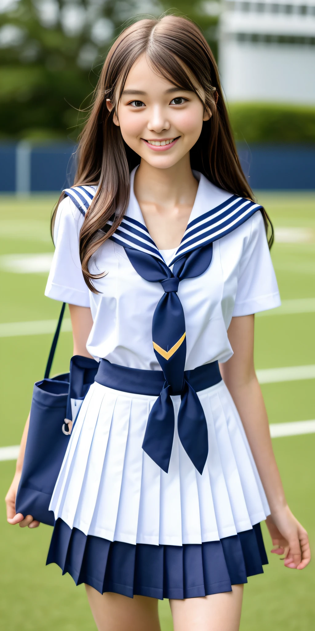 neat college girl, (school uniform, sailor uniform, ribbon tied at chest, summer uniform, upper body white, skirt is navy blue), outside the athletic field, (slim), photorealistic, detail, skin texture, ultra detail, delicate and sexy collarbone, smile, super detailed face, detailed lips, detailed eyes, double eyelids, small breasts, small breasts, small, flat breasts, breast emphasis