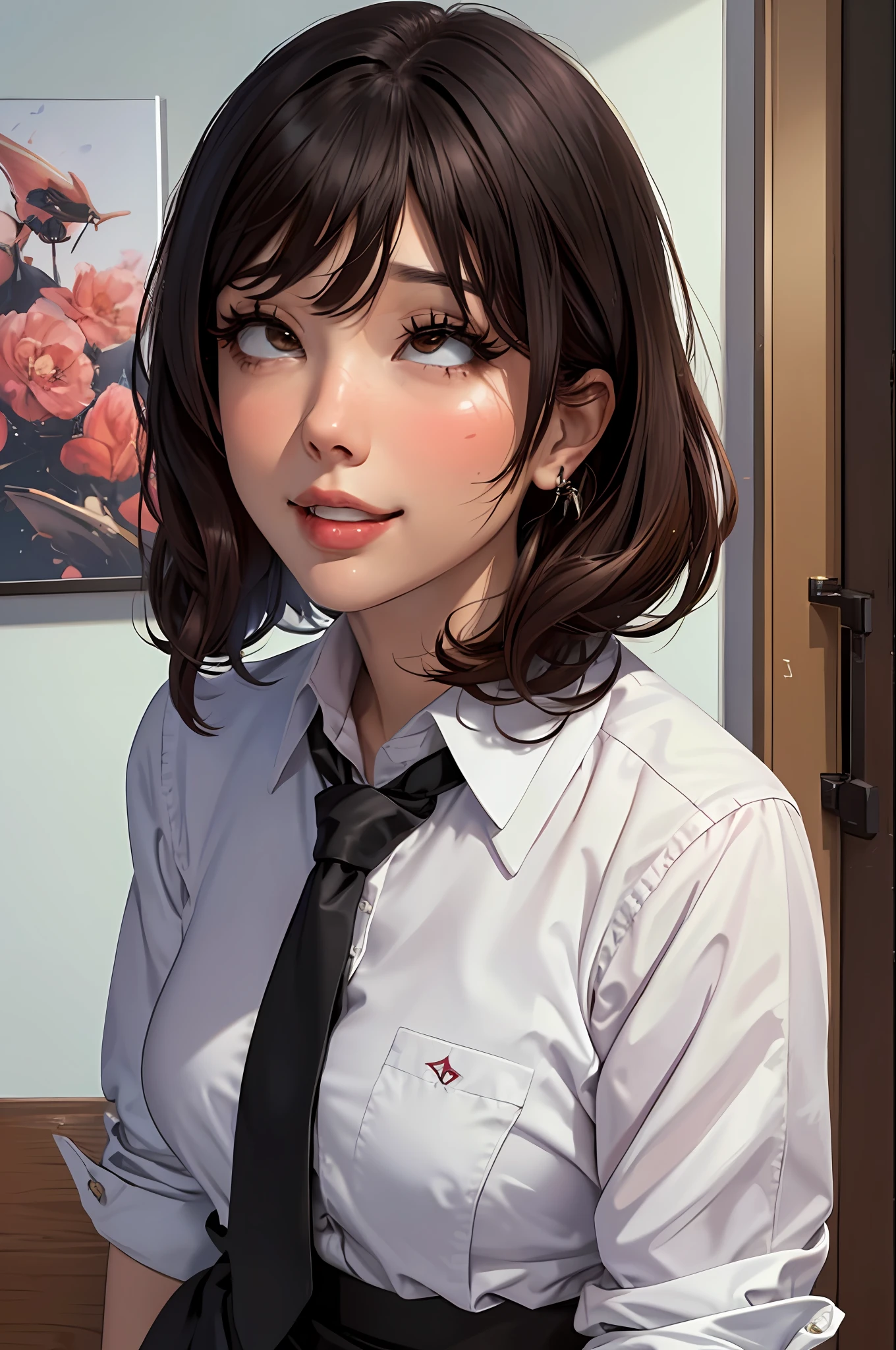 masterpiece, best quality, ultra-detailed, illustration, epic lighting, cinematic composition, isometric, 1girl, (solo:1.5), cute, brown eyes, black hair, swept bangs, single sidelock, red hairclip, white collared shirt, black necktie, black pants, formal, enchanting gaze, captivating pose, indoors, office, door, opening door, looking at viewer, peeking out upper body, blush, seductive smile, closed mouth,(8k:1.1), (ahegao:1.5)