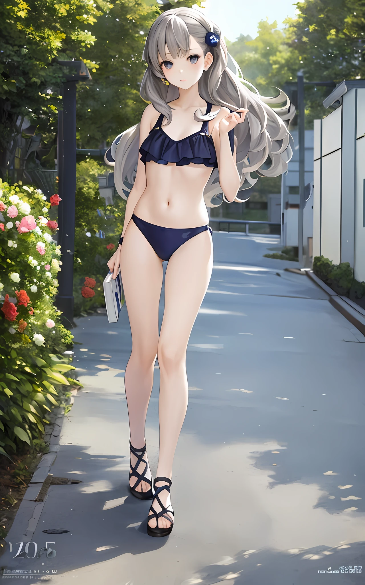 Masterpiece, top quality, Iori Fuyusaka 1, 1 girl, solo, (Venus bikini: 1.2), micro bikini, hair ornament, flowers, long hair, full body, gray hair, white flowers, gray eyes, viewer look, highly detailed urban background, (ulzzang-6500: 0.8), blush,