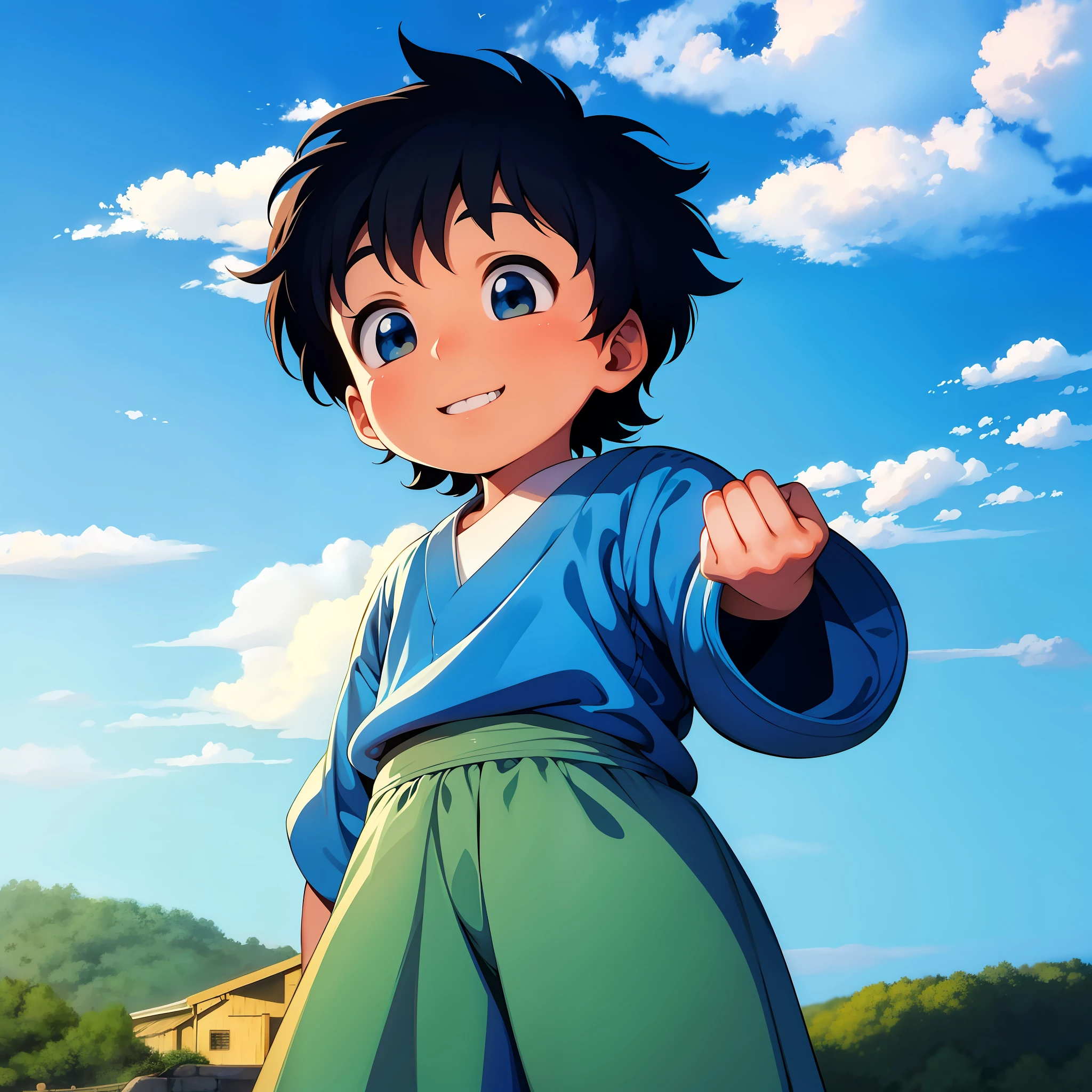 Little boy, cute, smile, blue sky and white clouds, cartoon style, Miyazaki painting style