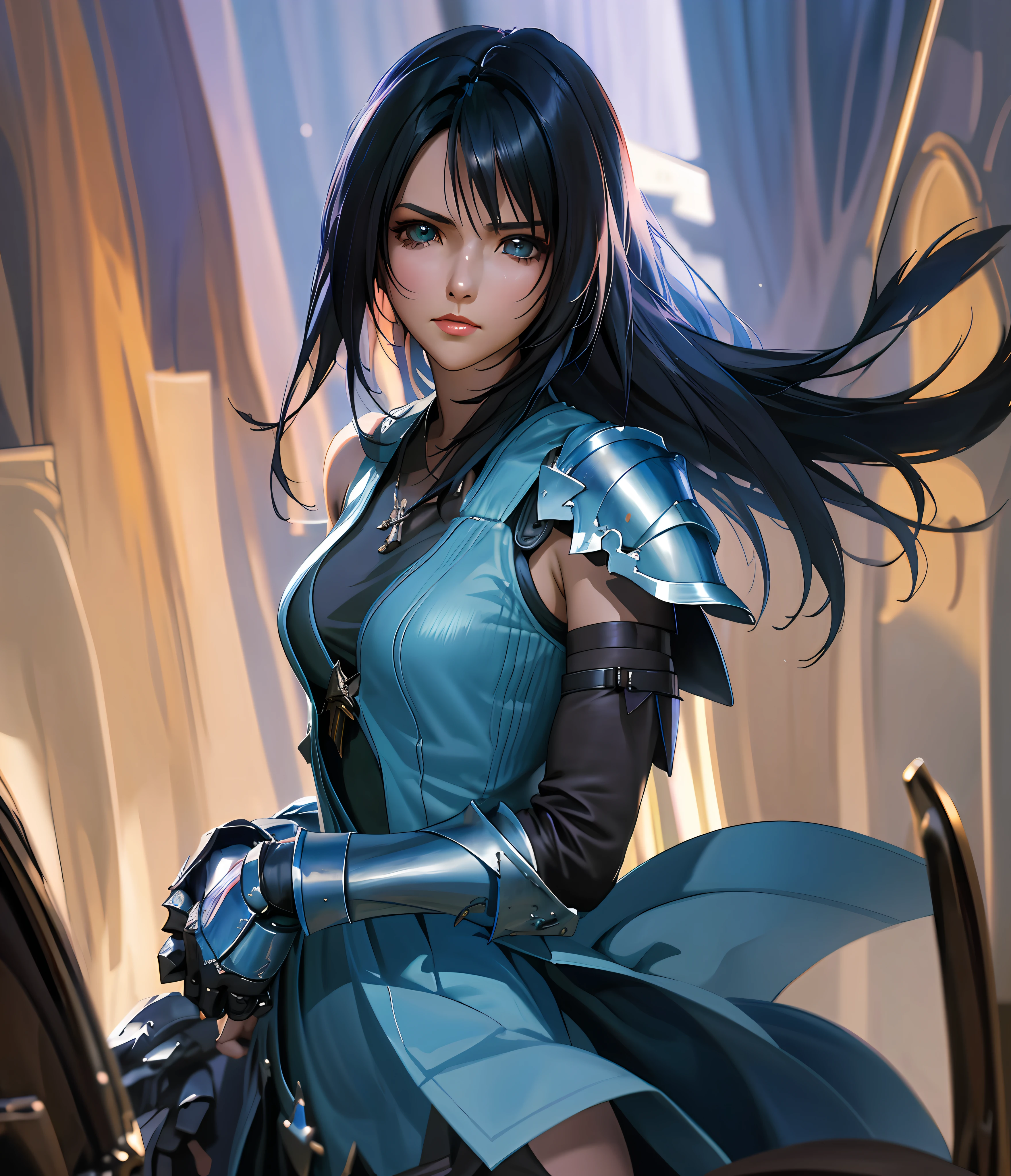 rinoa, blue dress armor, full gauntlets, dark blue shoulder pads, dark fantasy, hair blowing in the wind, incomparable masterpiece, 8k uhd, perfect art, beautiful face, beautiful eyes, precise hands, dramatic lighting, ray tracing, symmetrical eyes