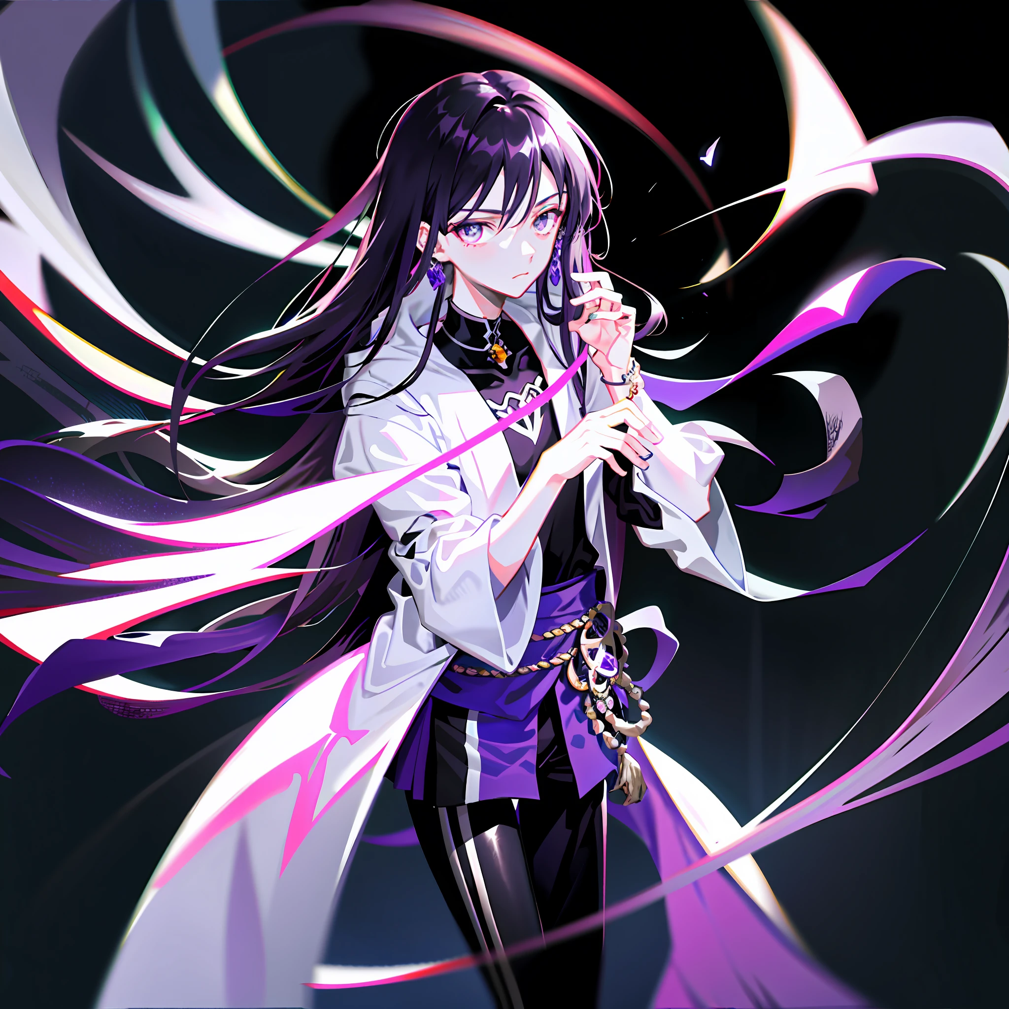 skinny boy, cute facial features, dark eyes, long dark purple hair, Japanese black tight-fitting clothes, lots of silver jewelry,