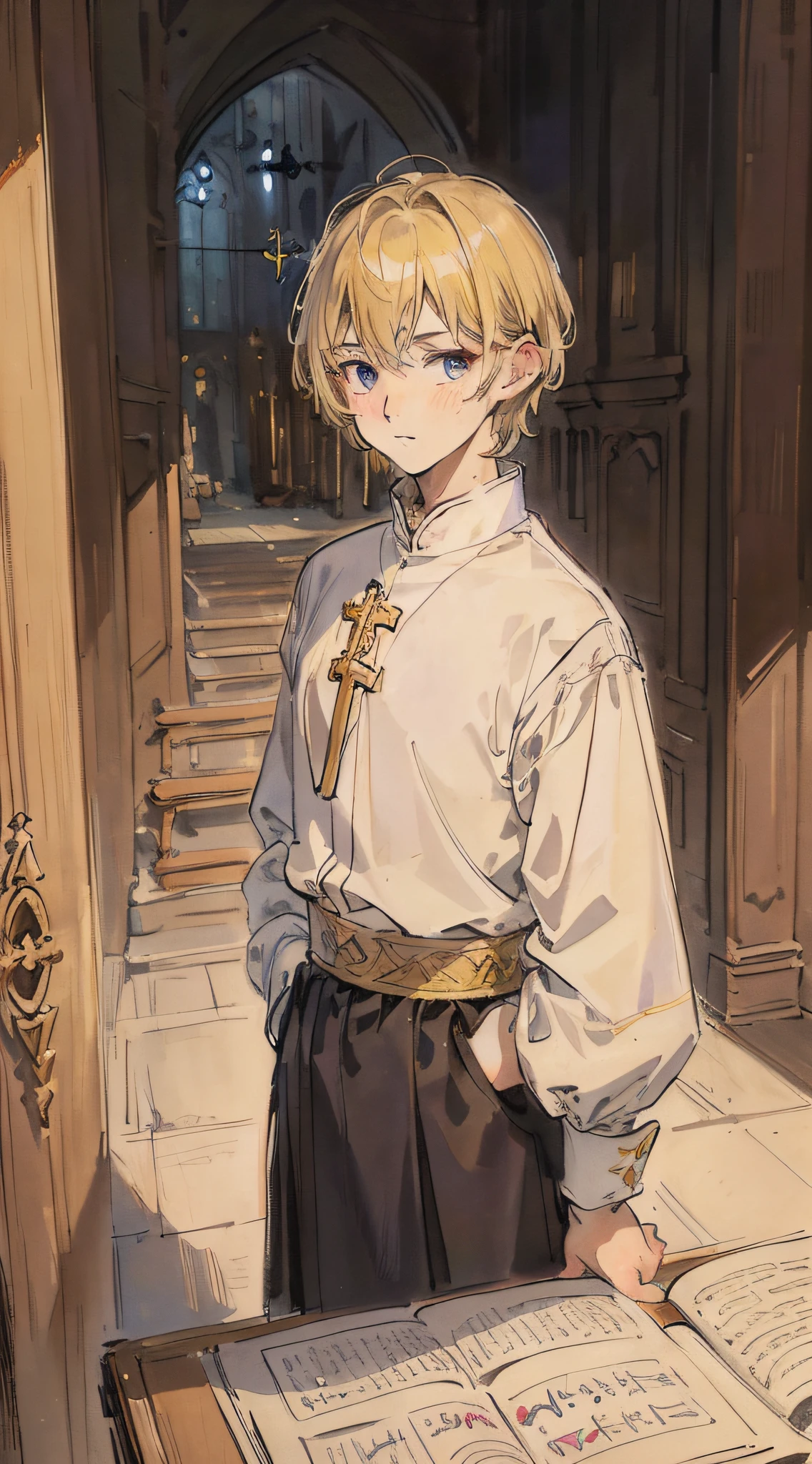 Masterpiece, Top Quality, 12 Years Old, Very Delicate and Beautiful Boy, Choir, Priest's Uniform, Church, Praise, Cross, Very Delicate and Beautiful, Ultra Definition, Top Quality, Blonde, Hi-Res, Very Elaborate, Boy, Best Quality, Illustration, Viewer, Gorgeous Church, Impasto, Oil Painting, Realism, Realistic, Short Bob